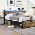 King Bed Frame, Storage Headboard With Charging Station, Solid And Stable, Noise Free, No Box Spring Needed, Easy Assembly King Antique Brown Metal Bedroom Bed Frame Metal & Wood