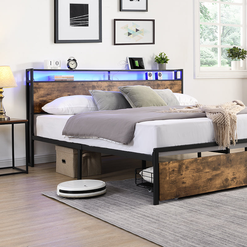 King Bed Frame, Storage Headboard With Charging Station, Solid And Stable, Noise Free, No Box Spring Needed, Easy Assembly King Antique Brown Metal Bedroom Bed Frame Metal & Wood