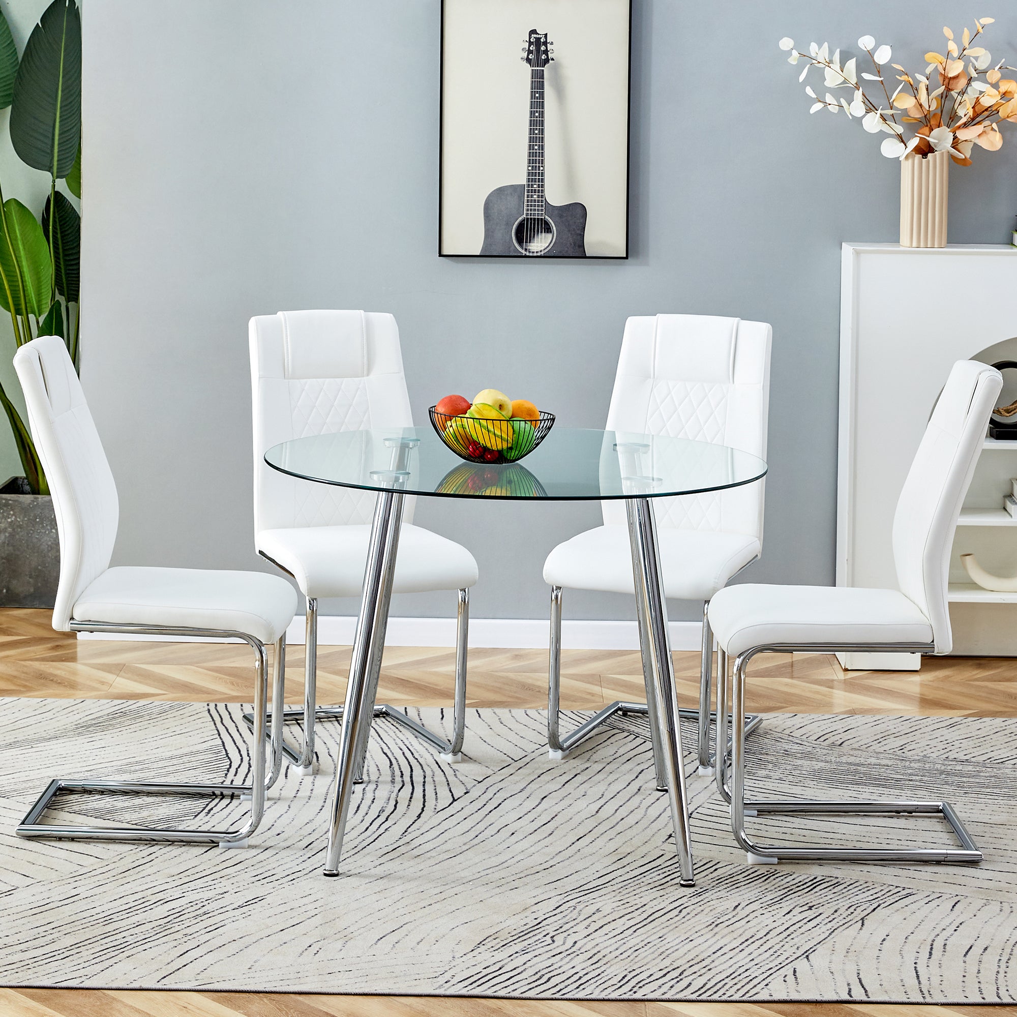 Table And Chair Set. 1 Table 4 Chairs Set A Circular Dining Table With A 40 Inch Diameter Glass Tabletop And Electroplated Metal Legs. 4 White Pu Chairs Dt 1164 001 Transparent Glass