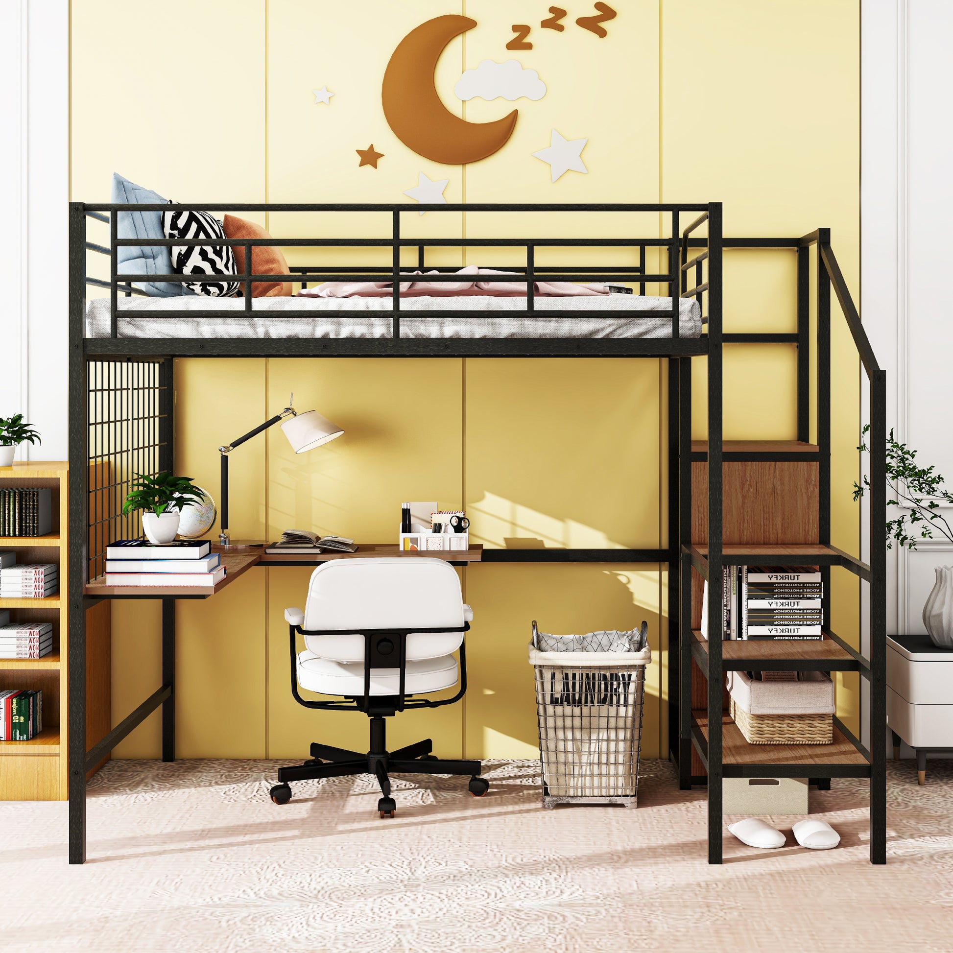 Full Size Metal Loft Bed With Desk And Metal Grid, Stylish Metal Frame Bed With Lateral Storage Ladder And Wardrobe, Black Black Metal