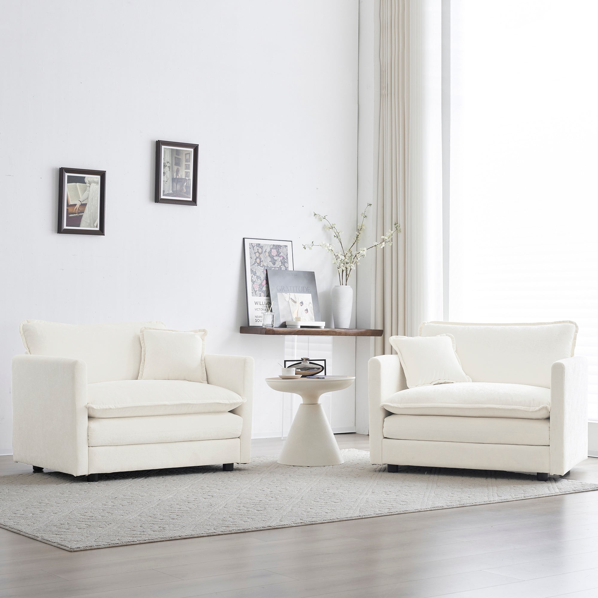 Accent Chair Set Of 2, High End Chenille Upholstered Armchairs, Living Room Side Chairs With Toss Pillow, White White Chenille 2 Seat