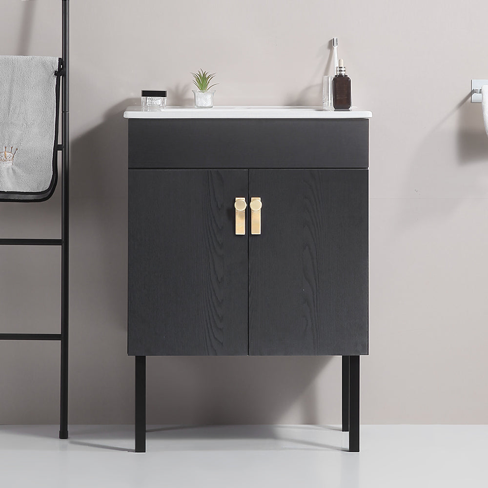 24" Bathroom Vanity with Metal Leg,with White Ceramic black-solid wood