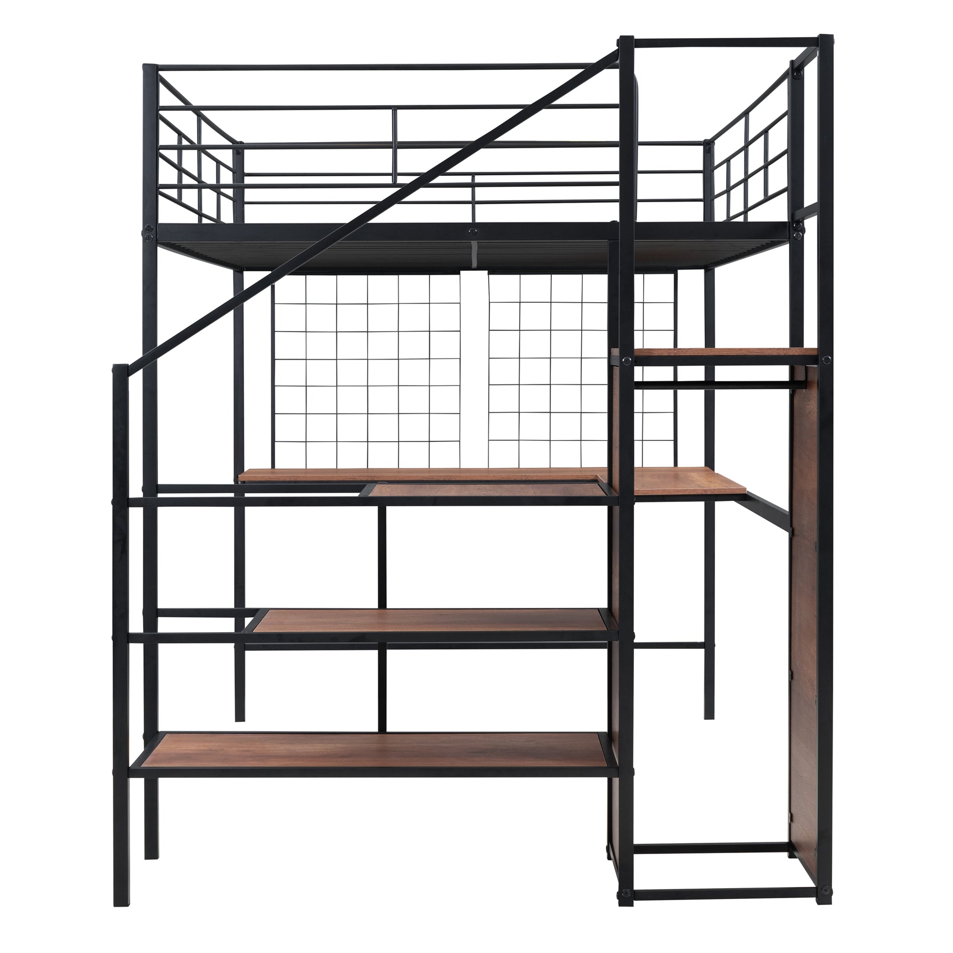 Full Size Metal Loft Bed With Desk And Metal Grid, Stylish Metal Frame Bed With Lateral Storage Ladder And Wardrobe, Black Black Metal