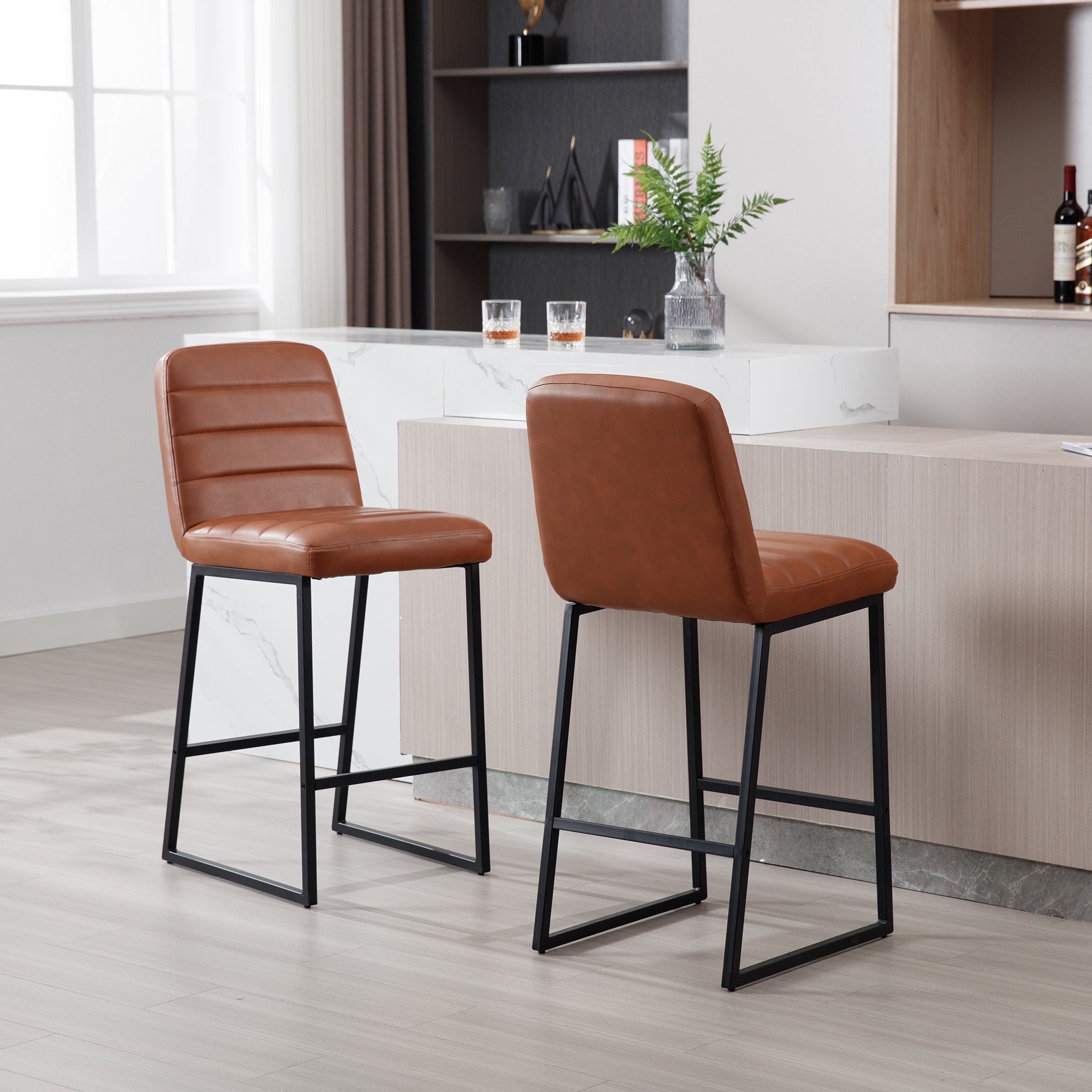 Low Bar Stools Set of 2 Bar Chairs for Living Room brown pu-kitchen-foam-dry clean-modern-bar