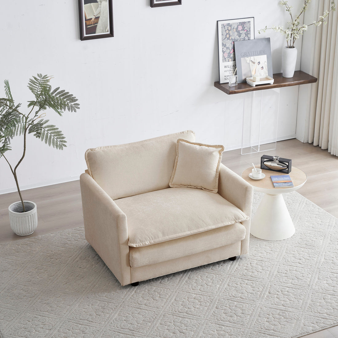 Comfy Deep Single Seat Sofa Upholstered Reading Armchair Living Room Chair Beige Chenille Fabric1 Toss Pillow Beige Chenille 1 Seat