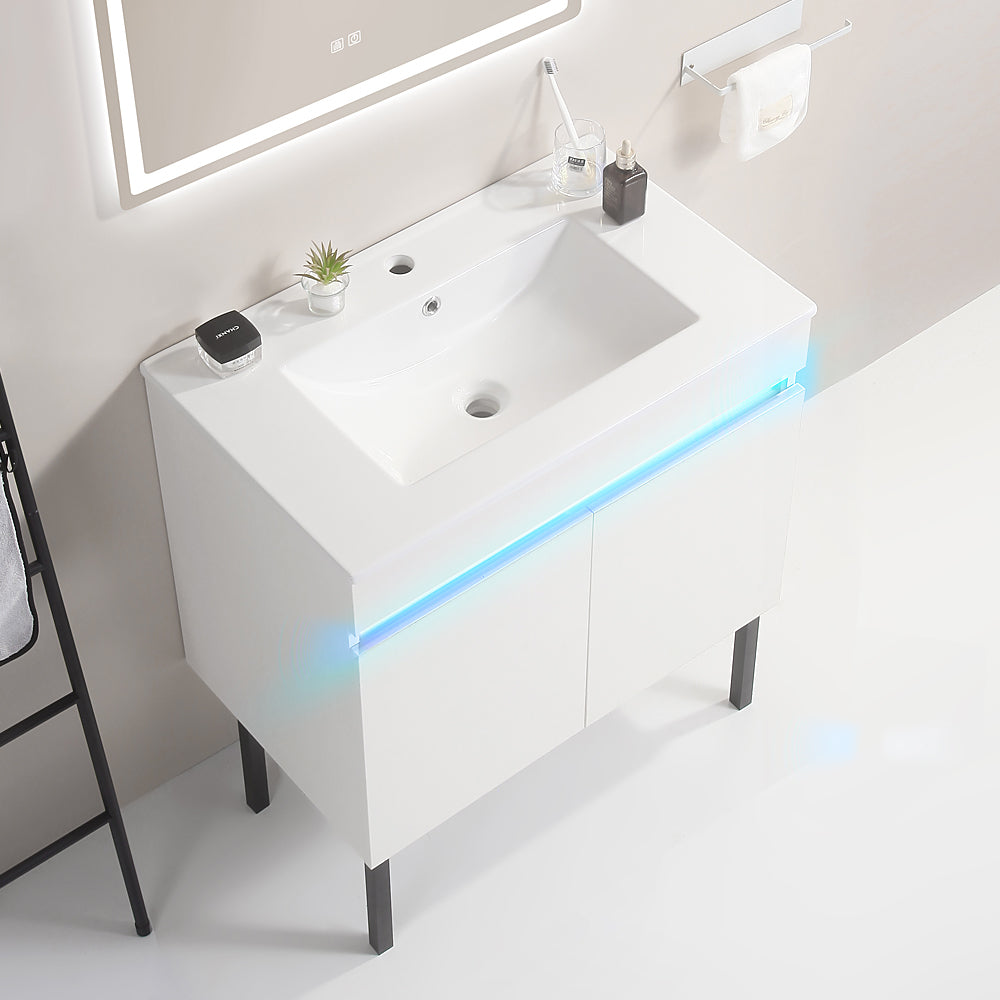 30" Bathroom Vanity with Sink, Radar Sensing Light white-solid wood