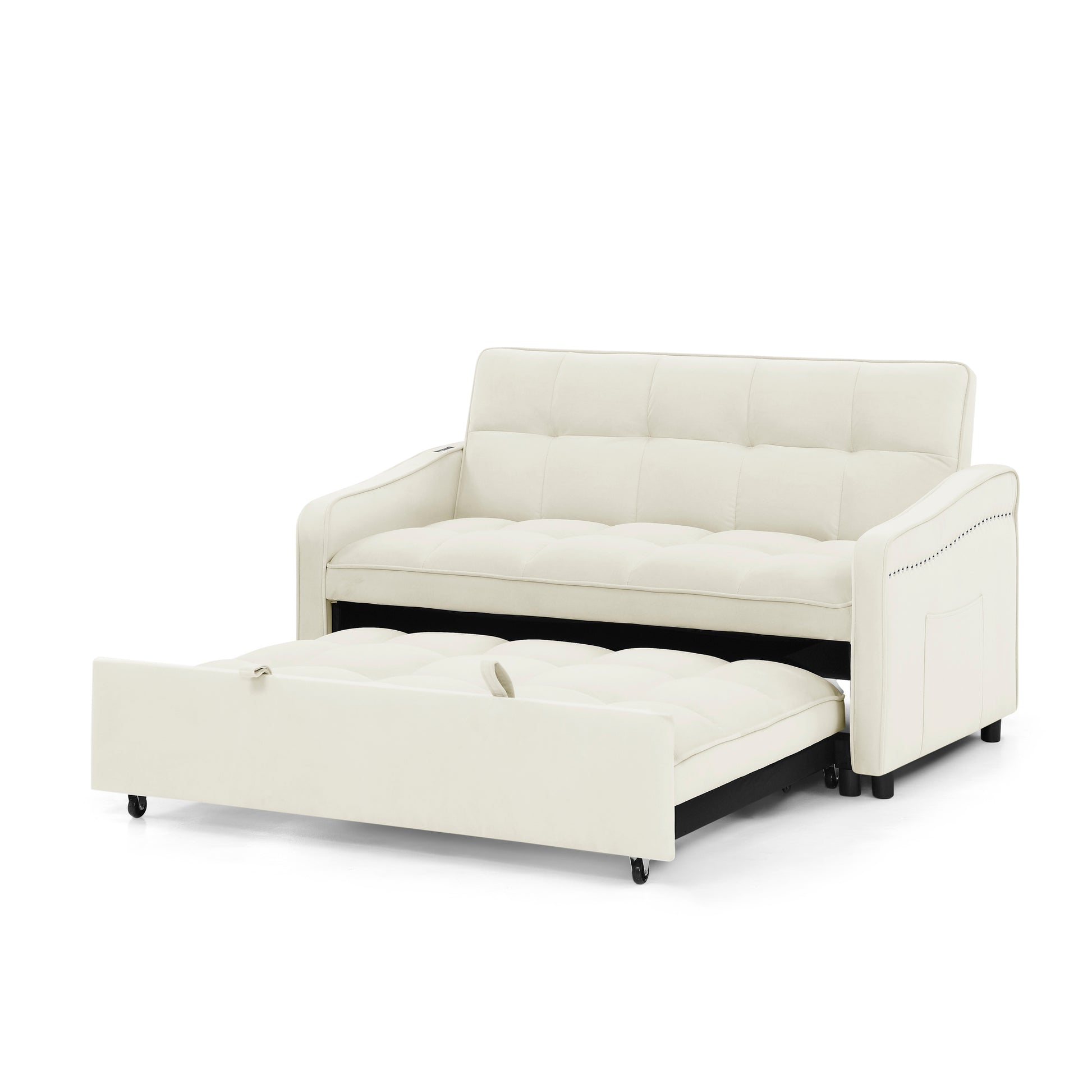 Loveseats Sofa Bed With Pull Out Bed,Adjsutable Back And Two Arm Pocket,Typec And Usb Charging With Copper Nail,Beige 47"X53"X31" Beige Foam