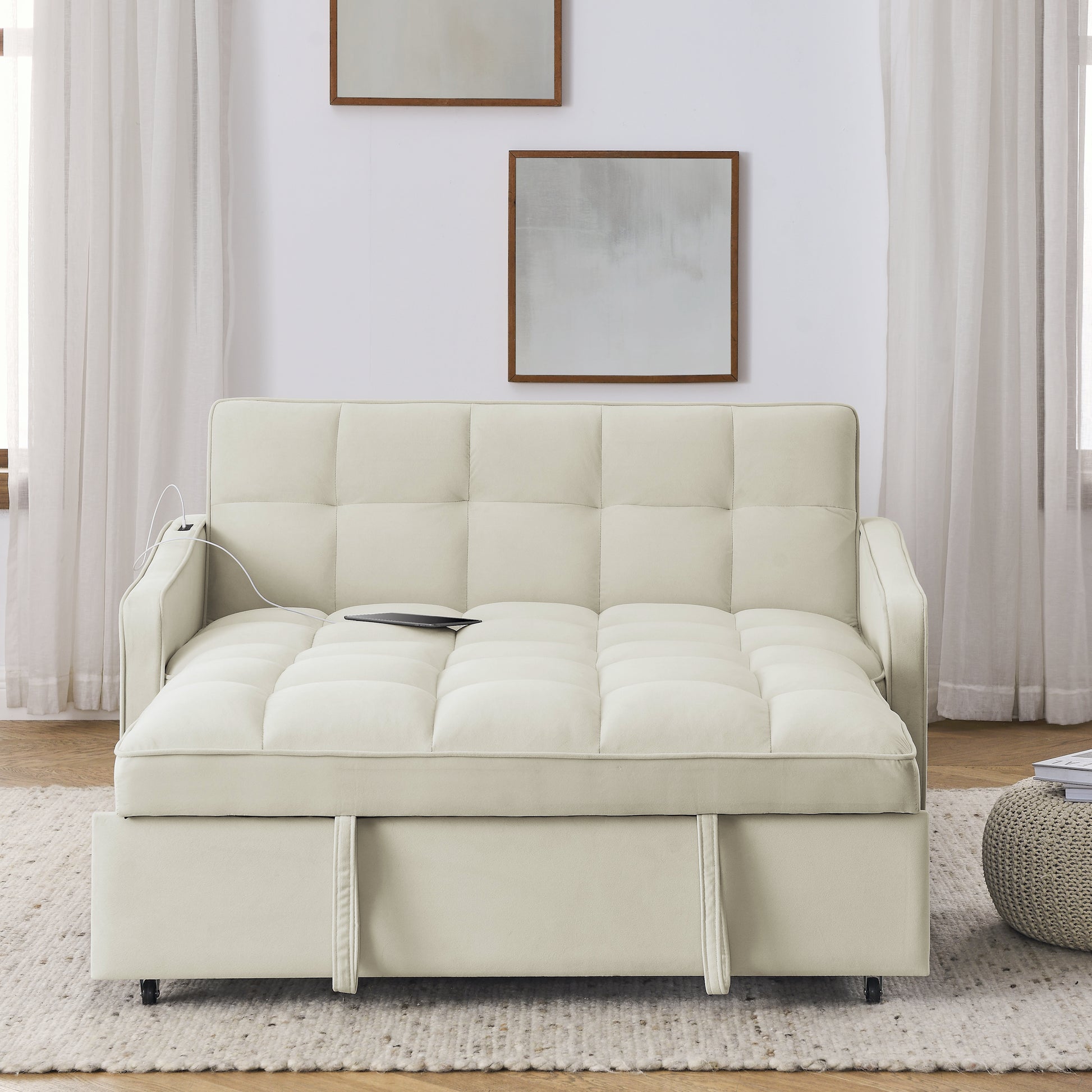 Loveseats Sofa Bed With Pull Out Bed,Adjsutable Back And Two Arm Pocket,Typec And Usb Charging With Copper Nail,Beige 47"X53"X31" Beige Foam