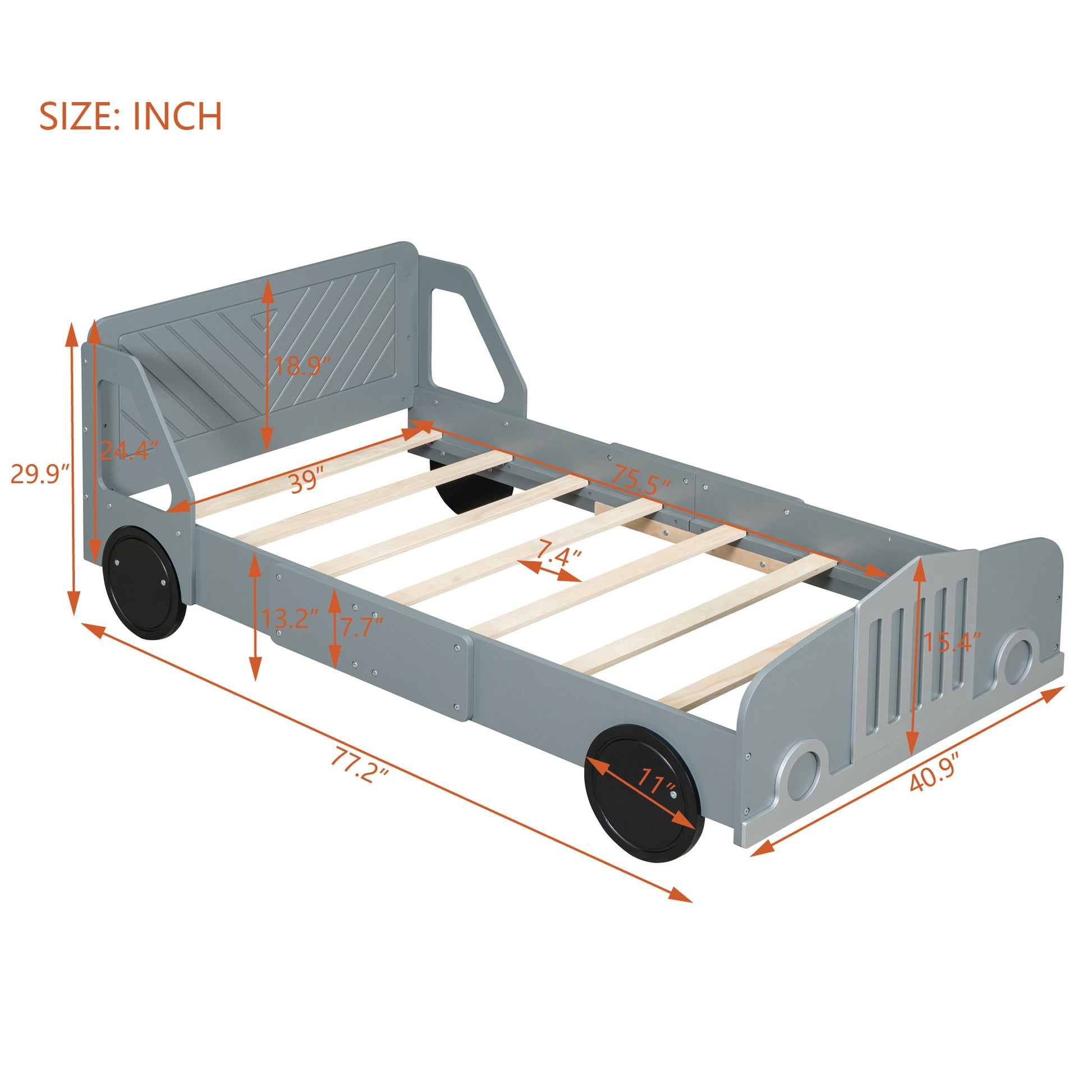 Twin Size Car Shaped Platform Bed With Wheels,Gray Gray Plywood