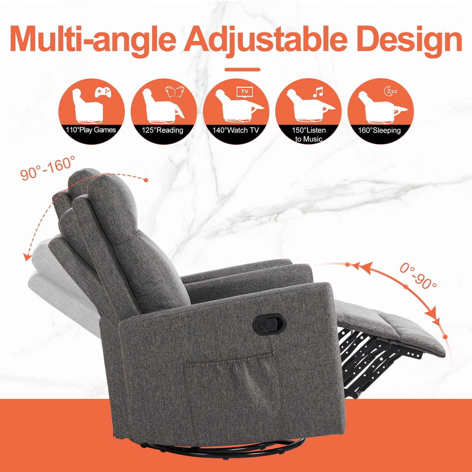Manual Recliner Chair Winback Single Sofa,Grey Gray Fabric 1 Seat