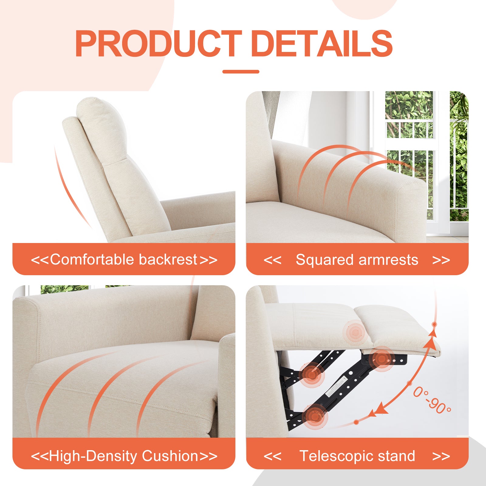 Manual Recliner Chair Winback Single Sofa,Beige Beige Fabric 1 Seat