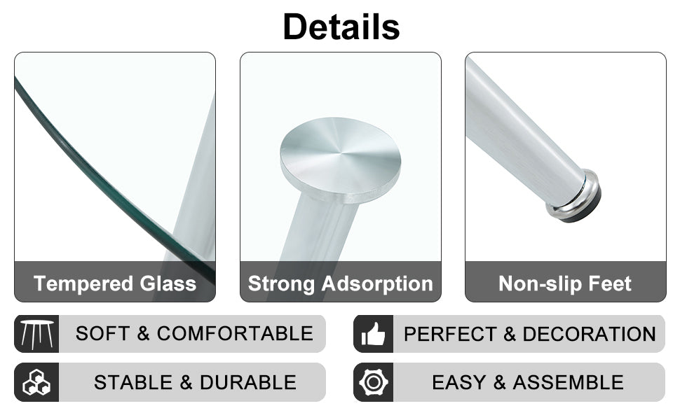 Table And Chair Set. 1 Table 4 Gray Chairs Round Dining Table With A 40 Inch Diameter Glass Tabletop And Silver Plated Metal Legs. 4 Gray Pu Chairs Dt 1164 001 Transparent Seats 4 Glass