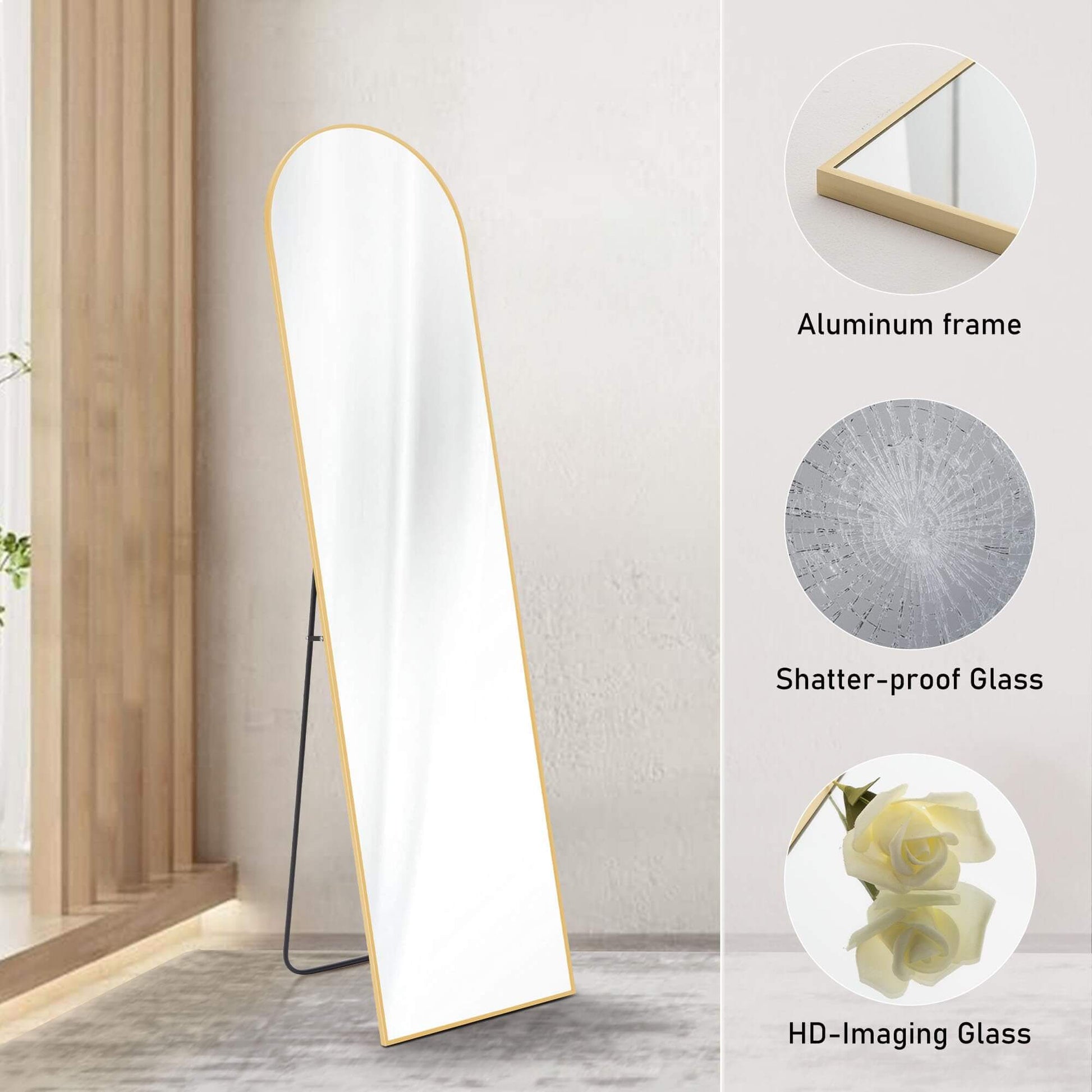 Floor Standing Mirror, Wall Mirror With Stand Aluminum Alloy Thin Frame,21''*64'',Gold Arched Gold Fiberglass