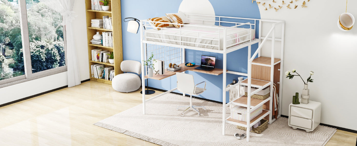 Full Size Metal Loft Bed With Desk And Metal Grid, Stylish Metal Frame Bed With Lateral Storage Ladder And Wardrobe, White White Metal