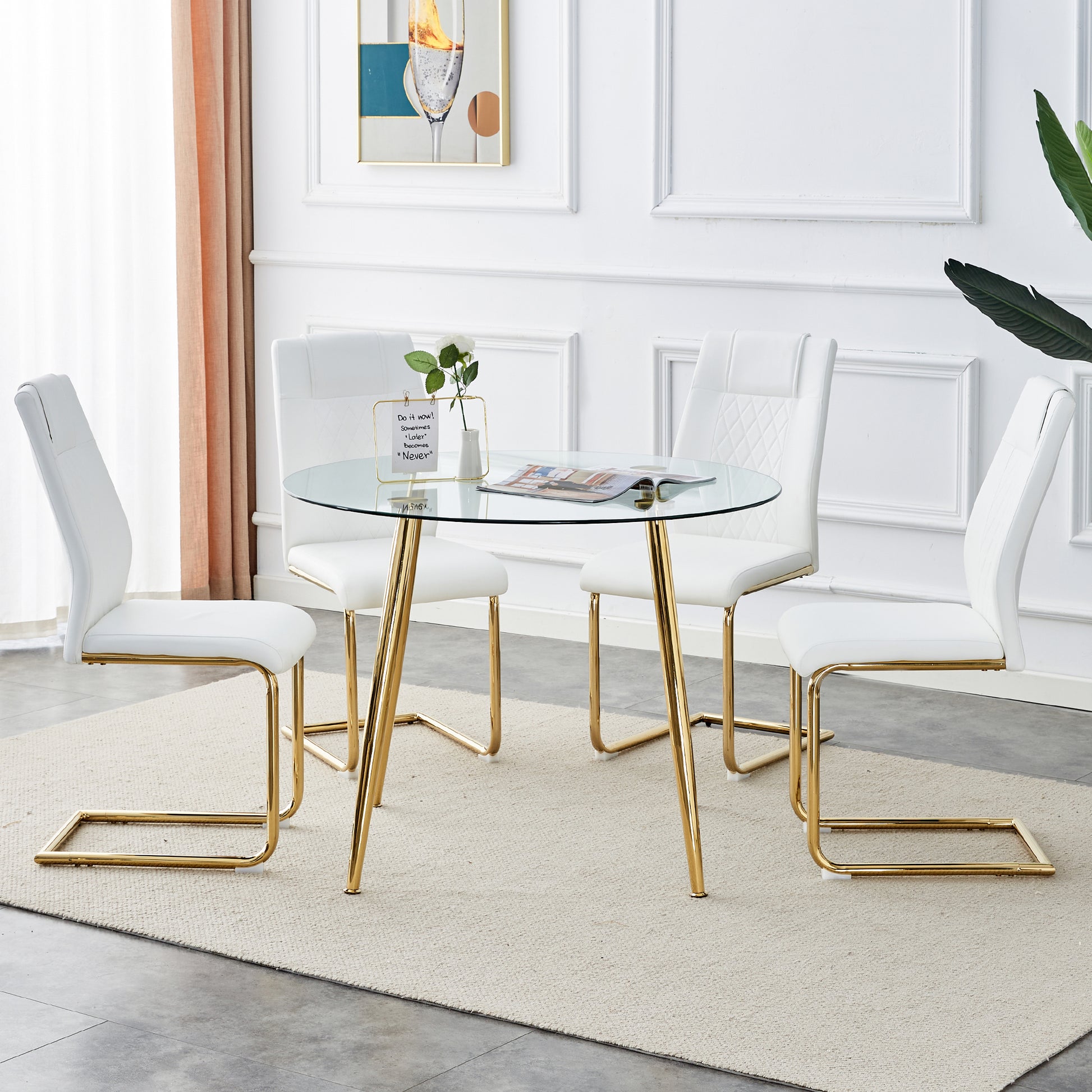 Table And Chair Set, Circular Dining Table, Glass Tabletop With A Diameter Of 40 Inches And Gold Plated Metal Legs, Paired With 4 White Pu Cushions And Gold Plated Metal Foot Dining Chairs. Dt 1164 Golden Metal