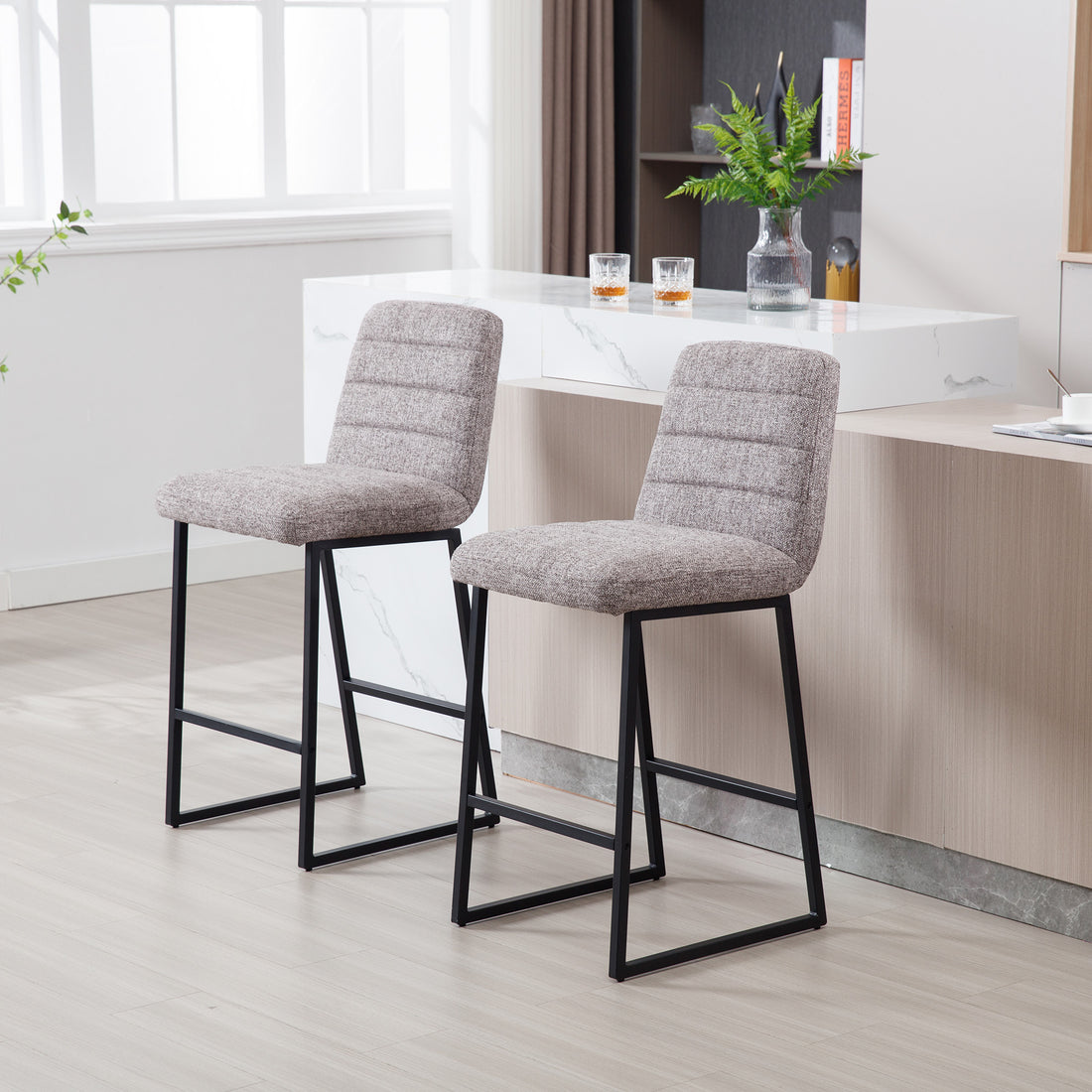 Low Bar Stools Set Of 2 Bar Chairs For Living Room Party Room Kitchen,Upholstered Linen Fabric Kitchen Breakfast Bar Stools With Footrest,Coffee Coffee Kitchen Foam Dry Clean Modern Bar Stools Foam Linen