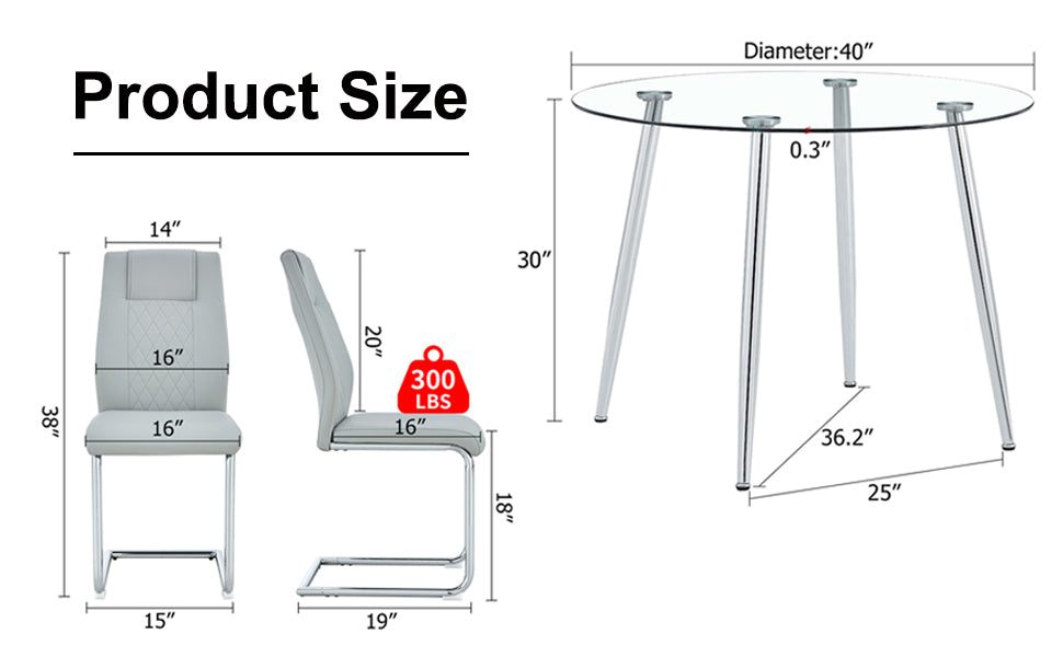 Table And Chair Set. 1 Table 4 Light Gray Chairs Round Dining Table With A 40 Inch Diameter Glass Tabletop And Silver Plated Metal Legs. 4 Light Gray Pu Chairs Dt 1164 001 Transparent Seats 4 Glass