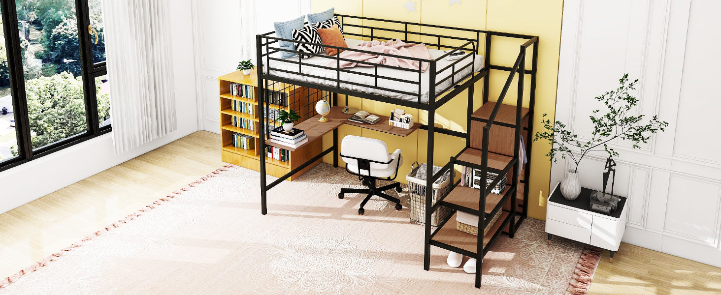 Full Size Metal Loft Bed With Desk And Metal Grid, Stylish Metal Frame Bed With Lateral Storage Ladder And Wardrobe, Black Black Metal