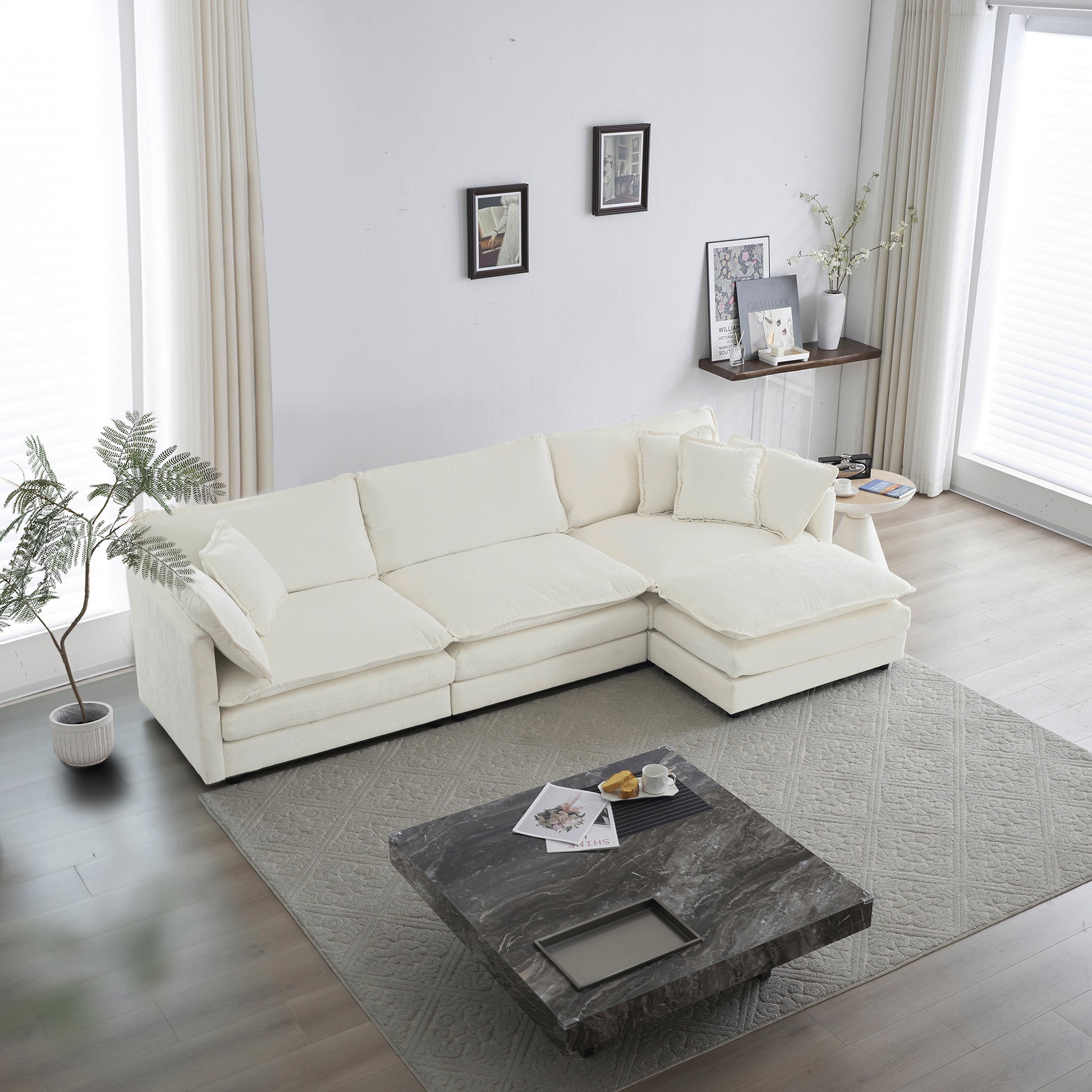 Free Combination Comfy Upholstery Modular Oversized L Shaped Sectional Sofa With Reversible Ottoman, White Chenille White Chenille 3 Seat