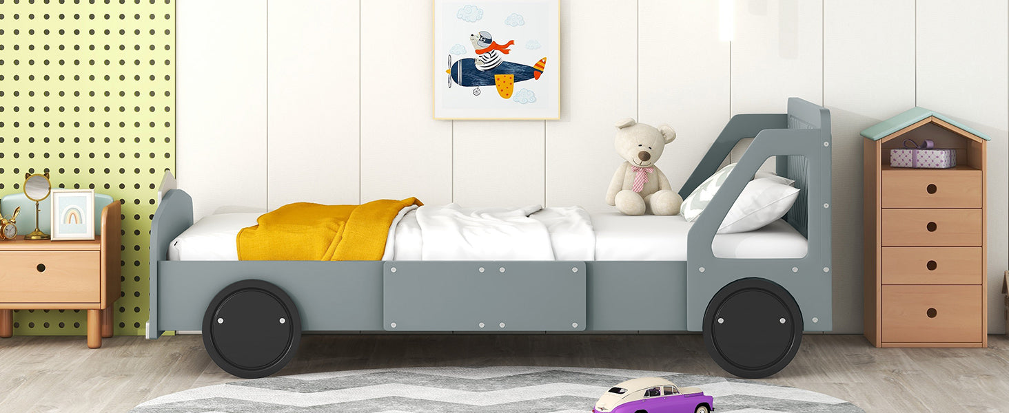 Twin Size Car Shaped Platform Bed With Wheels,Gray Gray Plywood