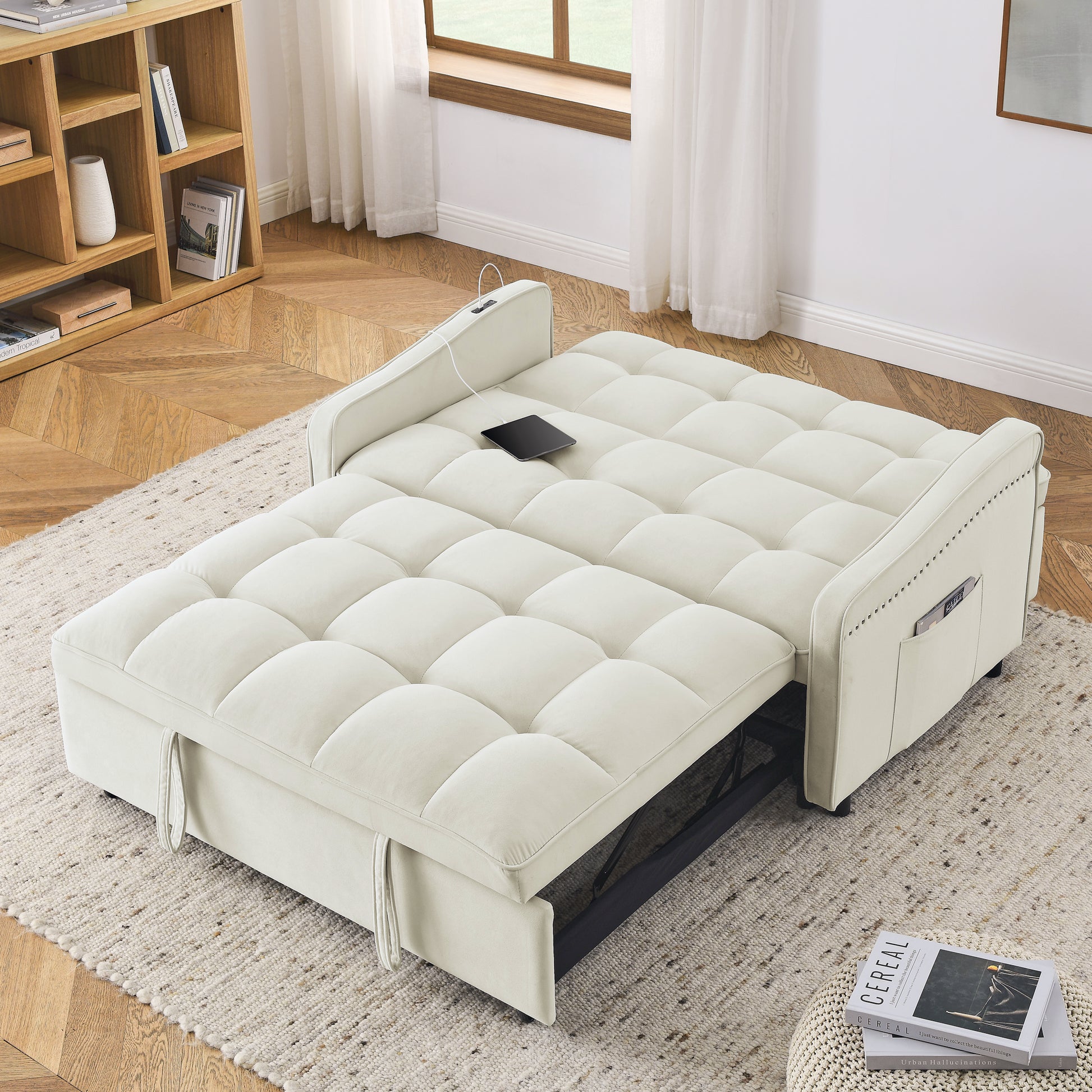 Loveseats Sofa Bed With Pull Out Bed,Adjsutable Back And Two Arm Pocket,Typec And Usb Charging With Copper Nail,Beige 47"X53"X31" Beige Foam