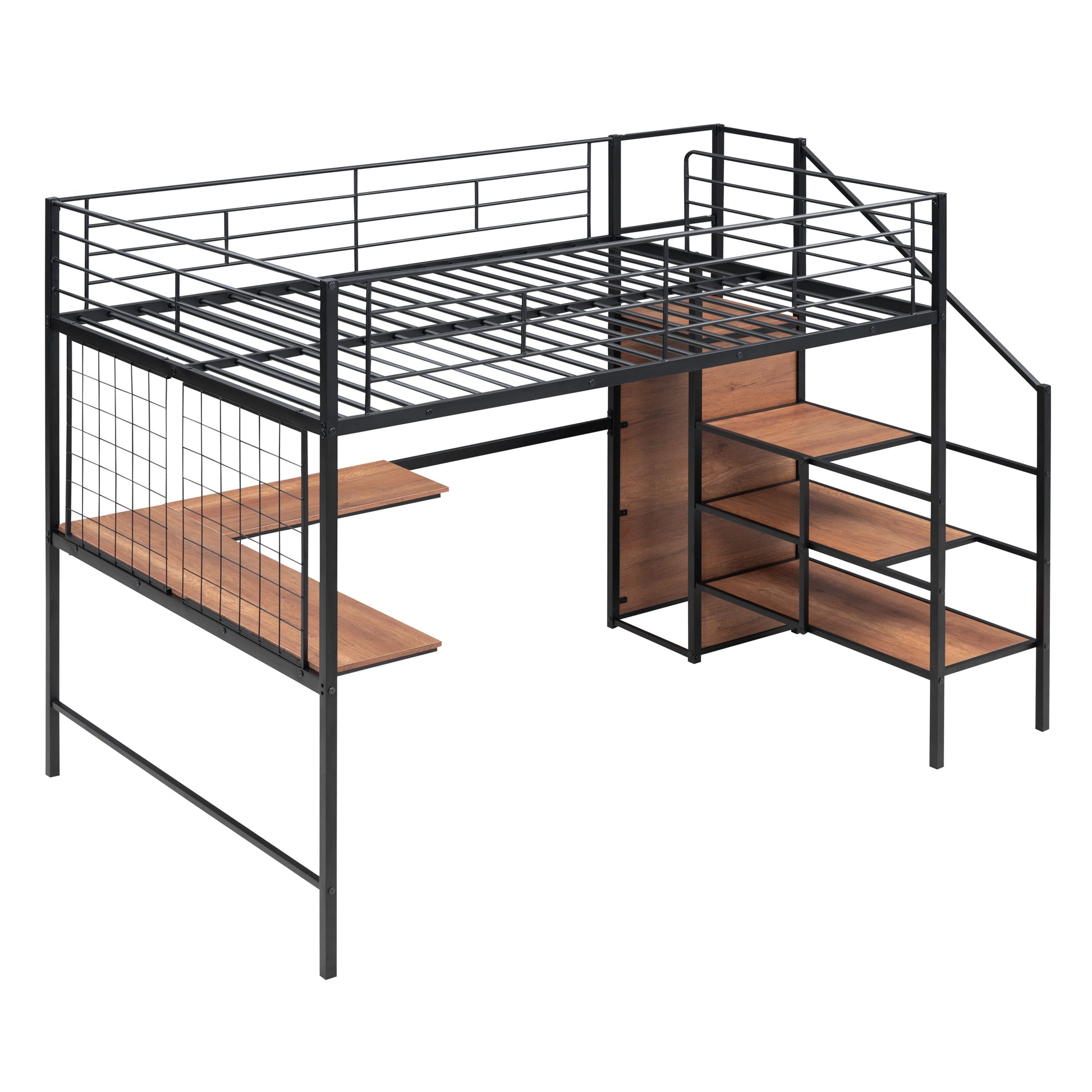 Full Size Metal Loft Bed With Desk And Metal Grid, Stylish Metal Frame Bed With Lateral Storage Ladder And Wardrobe, Black Black Metal