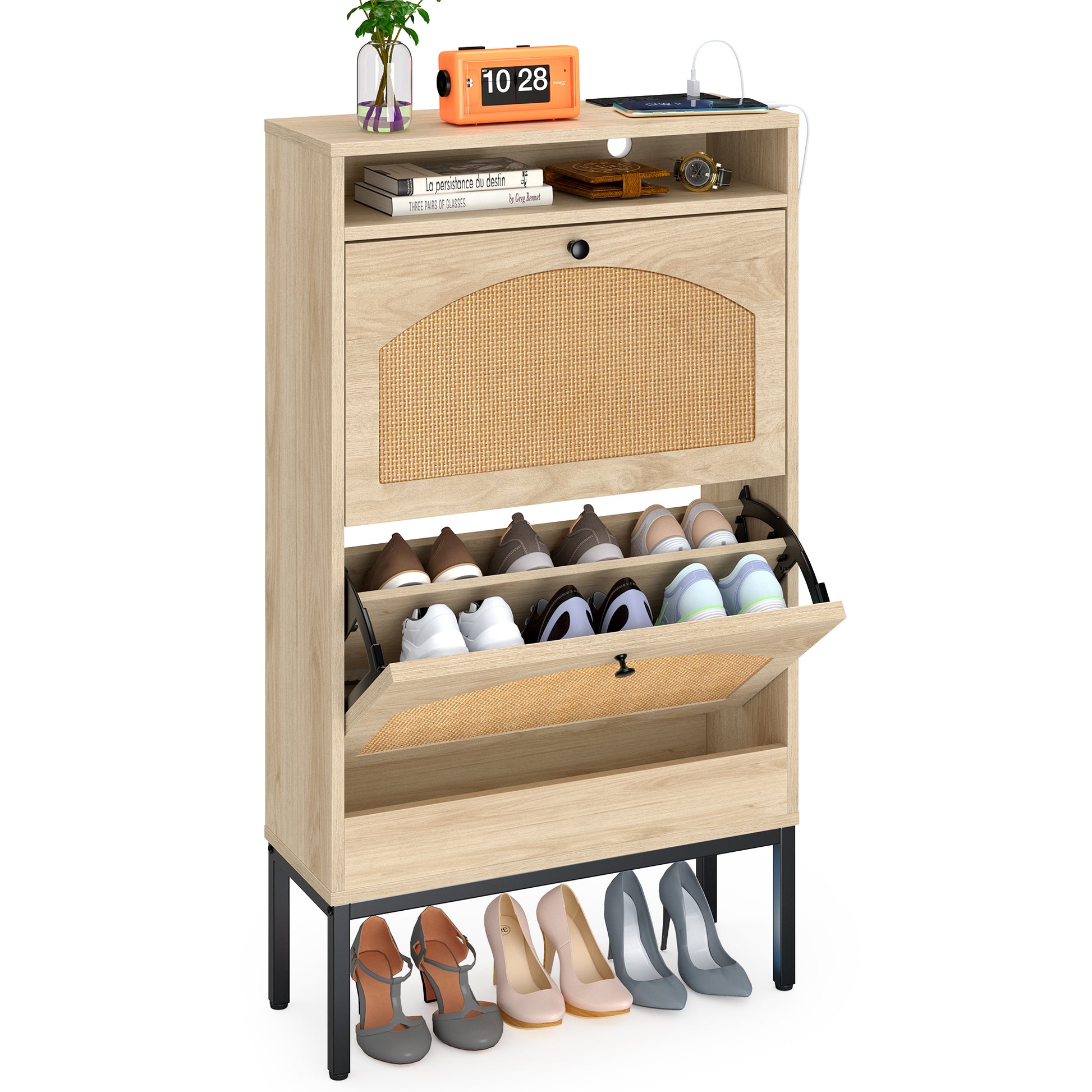 Shoe Storage Cabinet With Rattan Flip Doors Natural Mdf