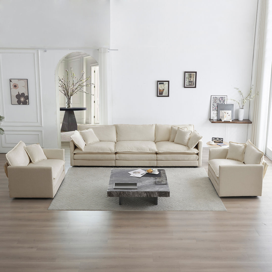 Sofa Set Of 3, 1 1 3 Seats Living Room Sofa Set, Accent Chair, Loveseat, And Three Seat Sofa Modern Style Round Arms 3 Piece Sofa Set, Beige Chenille Beige Chenille 5 Seat