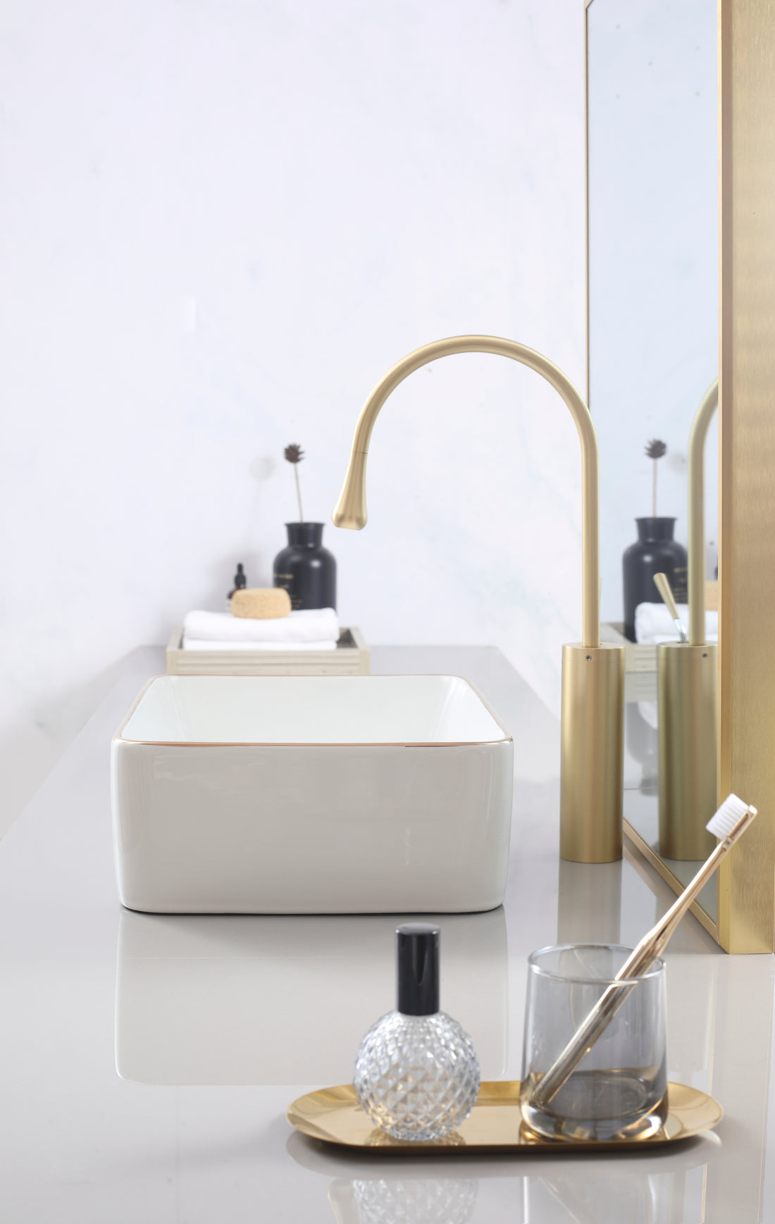 White with gold trim Vessel Bathroom Sink Basin