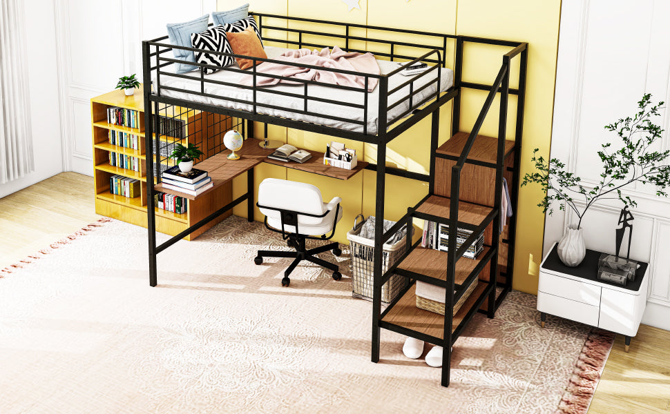 Full Size Metal Loft Bed With Desk And Metal Grid, Stylish Metal Frame Bed With Lateral Storage Ladder And Wardrobe, Black Black Metal