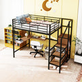 Full Size Metal Loft Bed With Desk And Metal Grid, Stylish Metal Frame Bed With Lateral Storage Ladder And Wardrobe, Black Black Metal