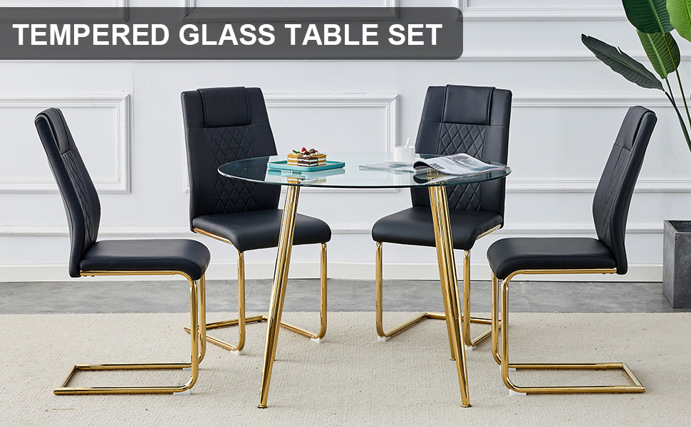 Table And Chair Set. Round Dining Table, Glass Tabletop With A Diameter Of 40 Inches, And Gold Plated Metal Legs, Paired With 4 Black Pu Cushions And A Dining Chair With Gold Plated Metal Feet. Dt1164 Golden Metal