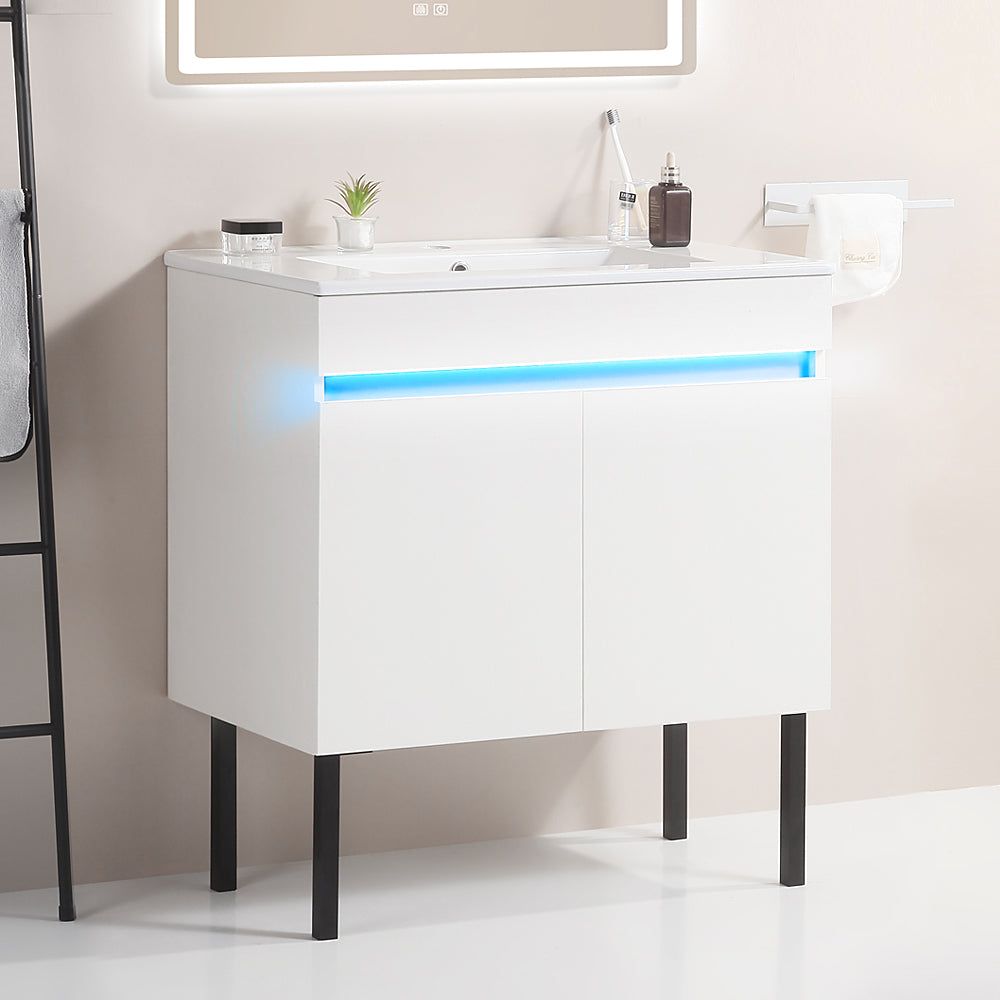 30" Bathroom Vanity with Sink, Radar Sensing Light white-solid wood