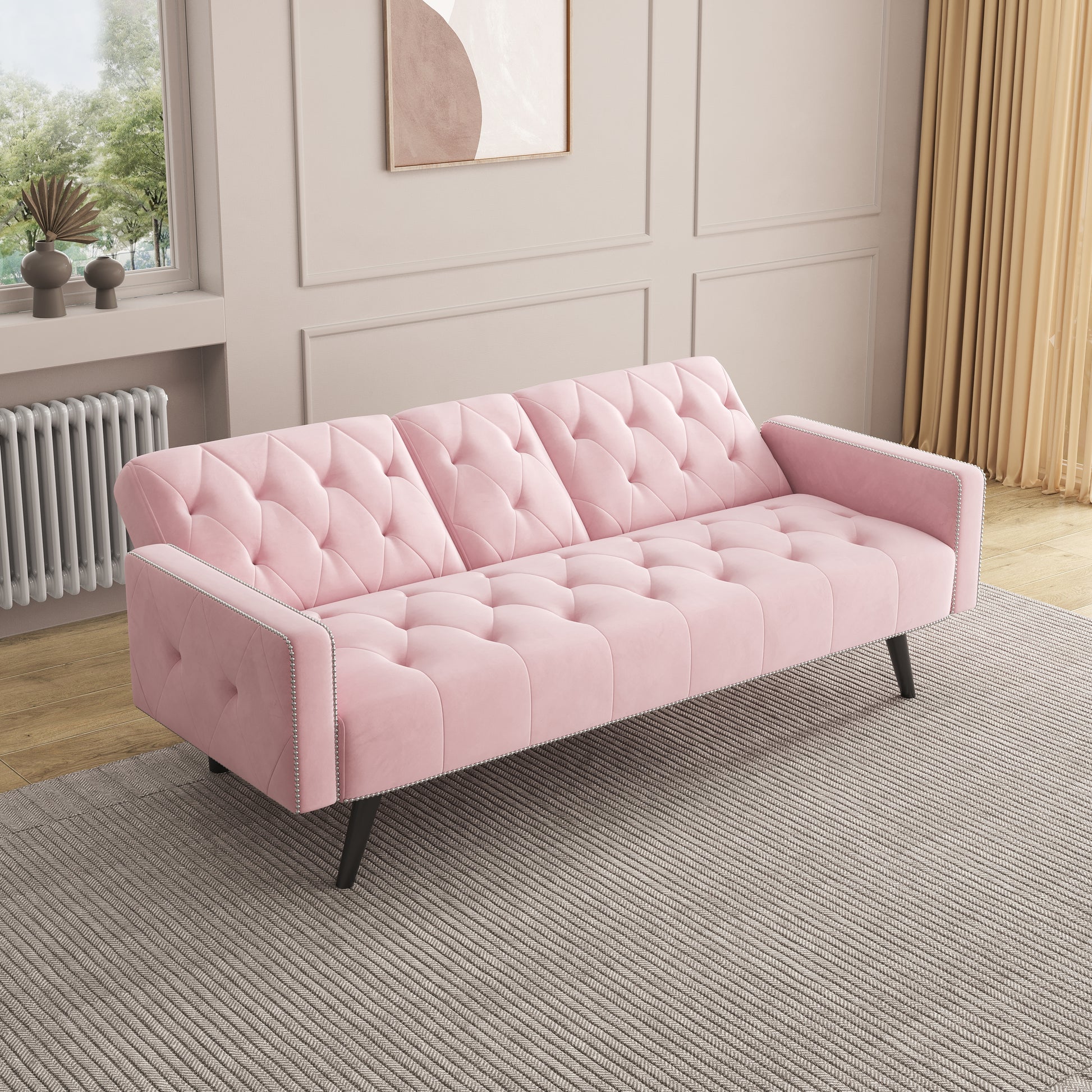 1730 Sofa Bed Armrest With Nail Head Trim With Two Cup Holders 72" Pink Velvet Sofa For Small Spaces Pink Altay Velvet 3 Seat