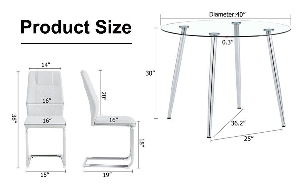 Table And Chair Set. 1 Table 4 Chairs Set A Circular Dining Table With A 40 Inch Diameter Glass Tabletop And Electroplated Metal Legs. 4 White Pu Chairs Dt 1164 001 Transparent Glass