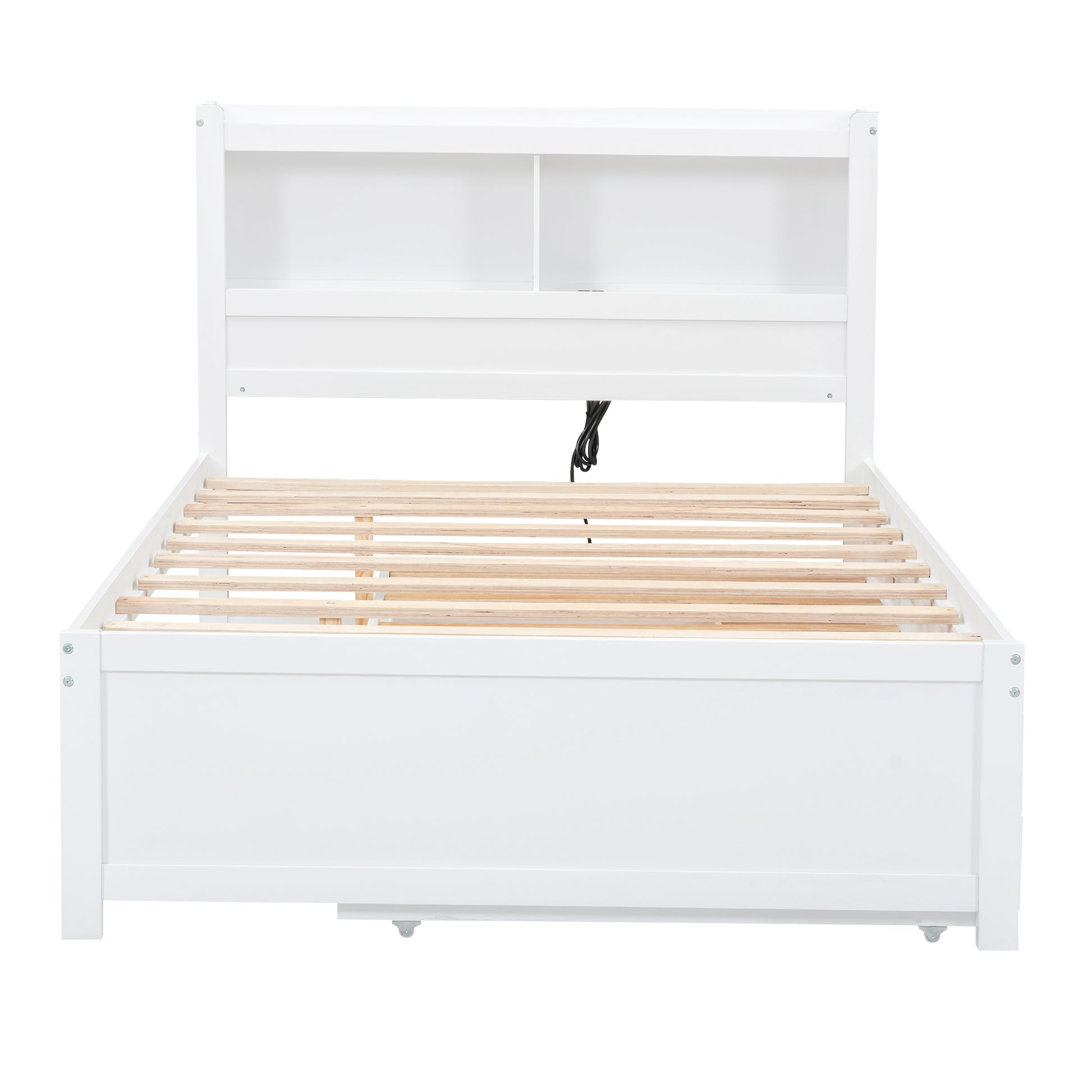 Full Size Platform Bed With Trundle, Drawers And Usb Plugs, White Full White Pine