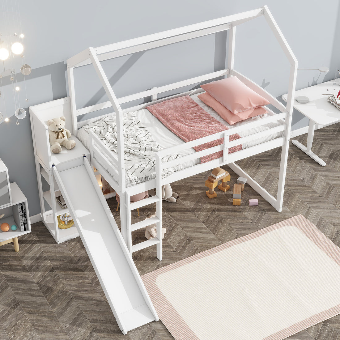 Twin Size Wood House Loft Bed With Slide, Storage Shelves And Light, White Box Spring Not Required White Wood Bedroom Solid Wood Mdf