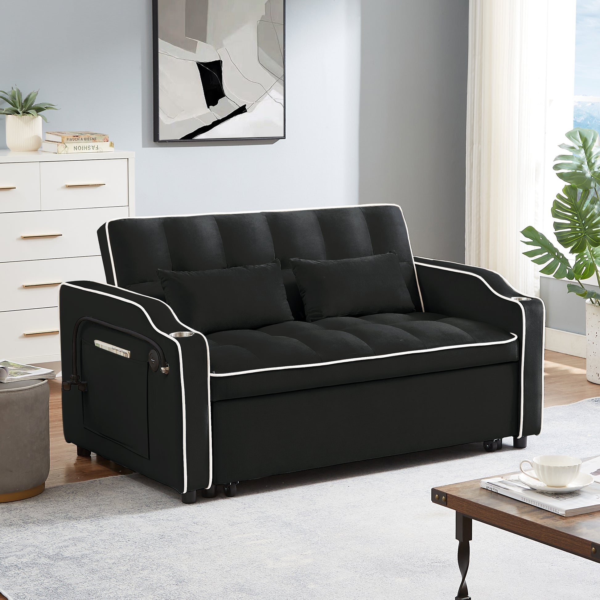 1 Versatile Foldable Sofa Bed In 3 Lengths, Modern Sofa Sofa Sofa Velvet Pull Out Bed, Adjustable Back And With Usb Port And Ashtray And Swivel Phone Stand Black Black Eucalyptus Solid Wood Mdf Resin