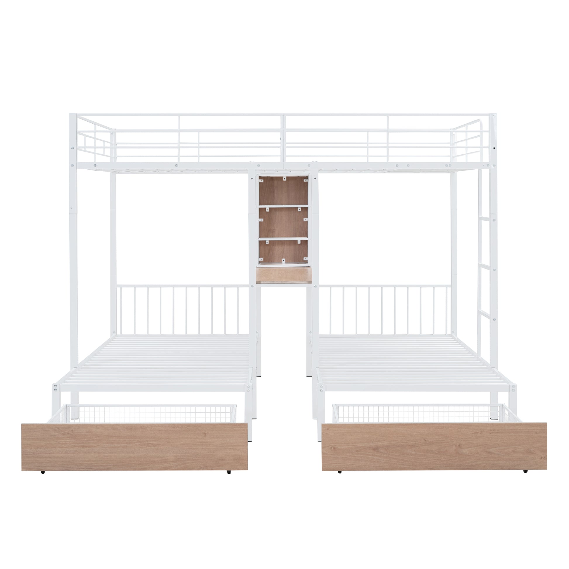 Full Over Twin & Twin Triple Bunk Bed With Drawers, Multi Functional Metal Frame Bed With Desks And Shelves In The Middle, White White Metal