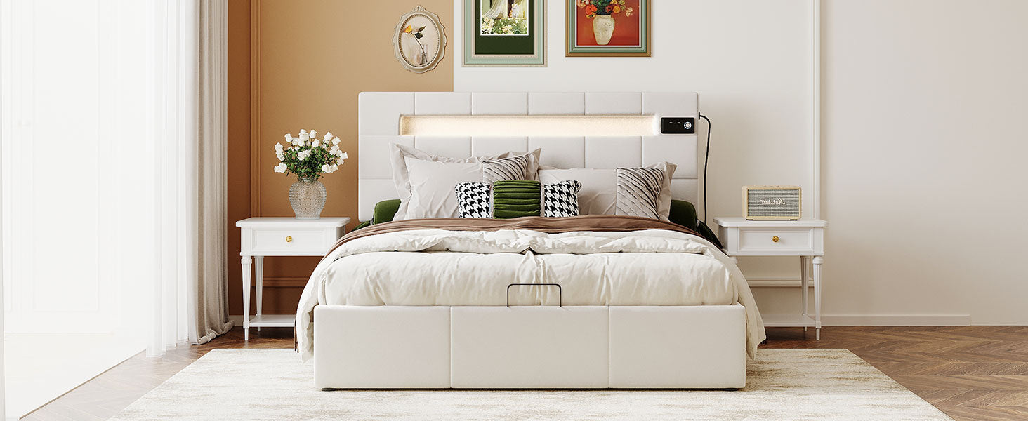 Full Size Upholstered Bed with LED Light and beige-velvet