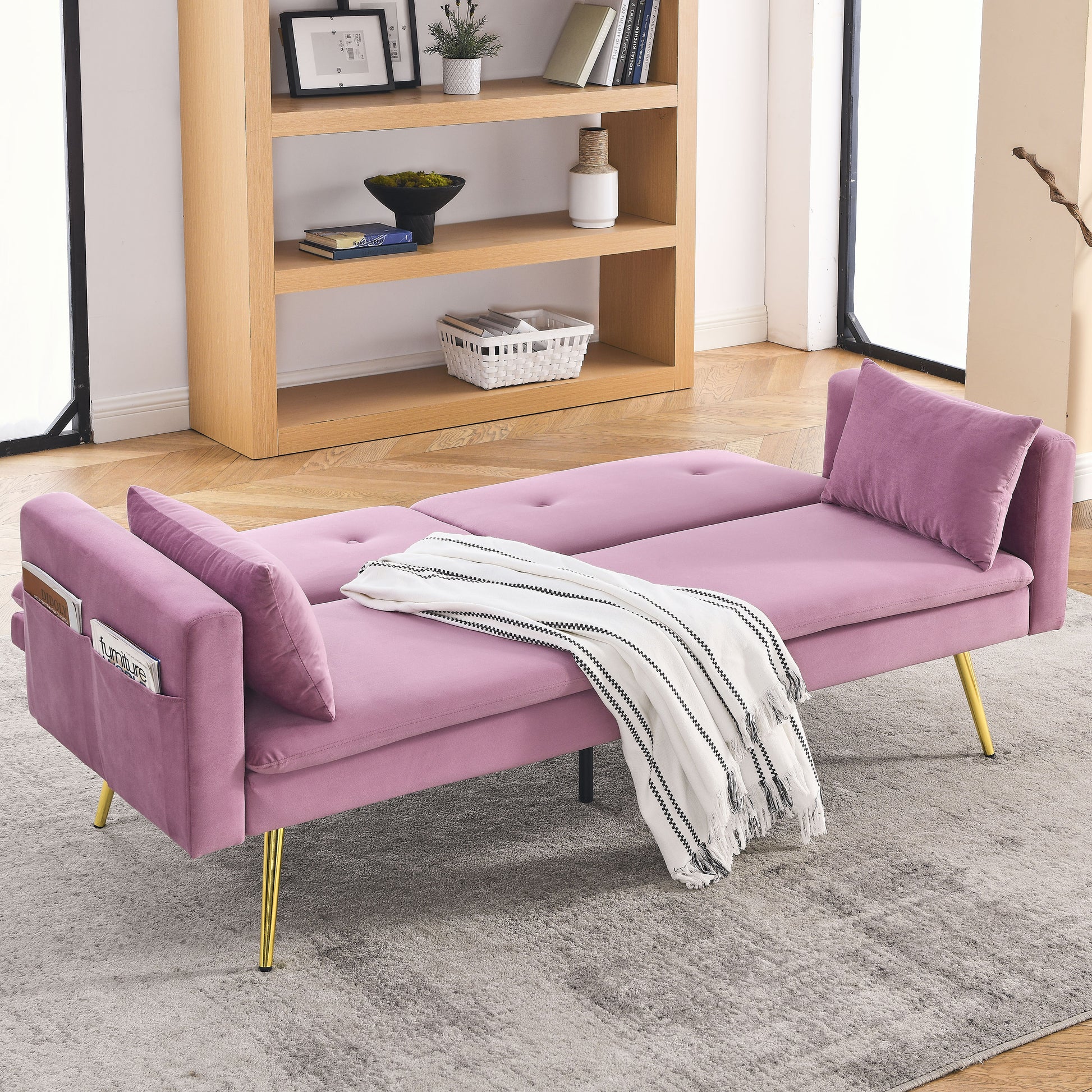 72.5" Convertible Sofa Bed, Adjustable Velvet Sofa Bed Velvet Folding Lounge Recliner Reversible Daybed Ideal For Bedroom With Two Pillows And Center Leg Pink Velvet