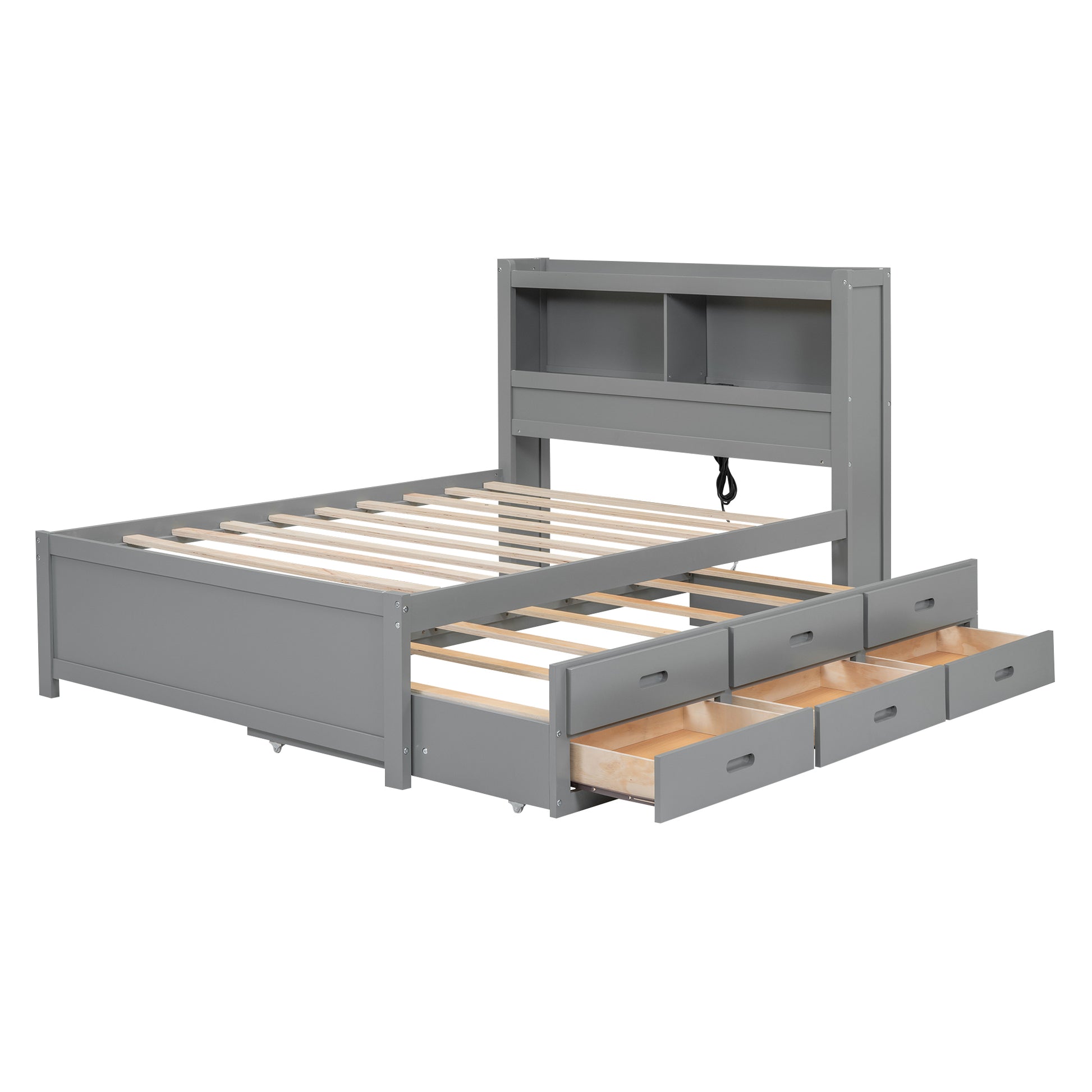 Full Size Platform Bed With Trundle, Drawers And Usb Plugs, Gray Full Gray Pine