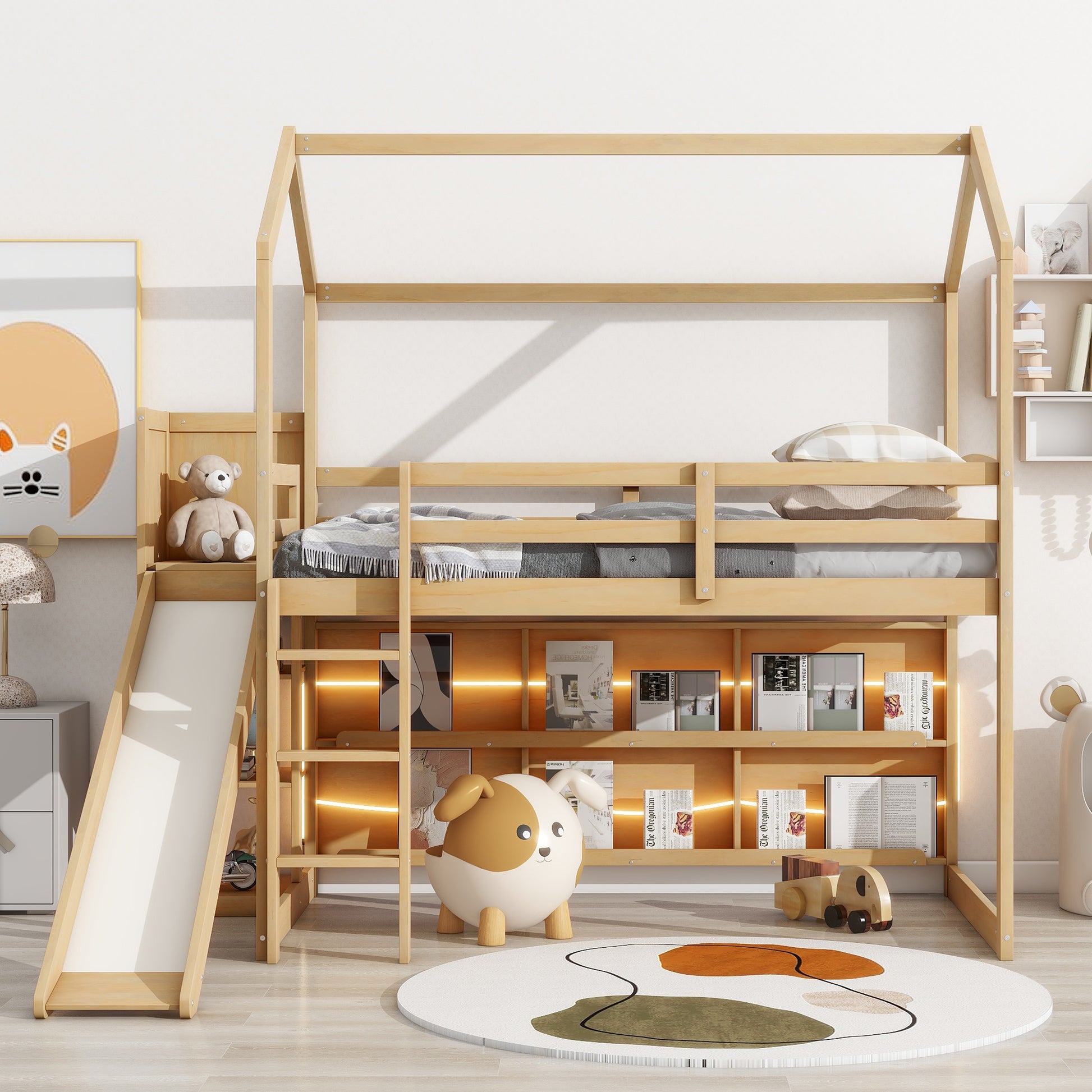 Twin Size Wood House Loft Bed With Slide, Storage Shelves And Light, Climbing Ramp, Wood Color Box Spring Not Required Wood Wood Bedroom Solid Wood Mdf