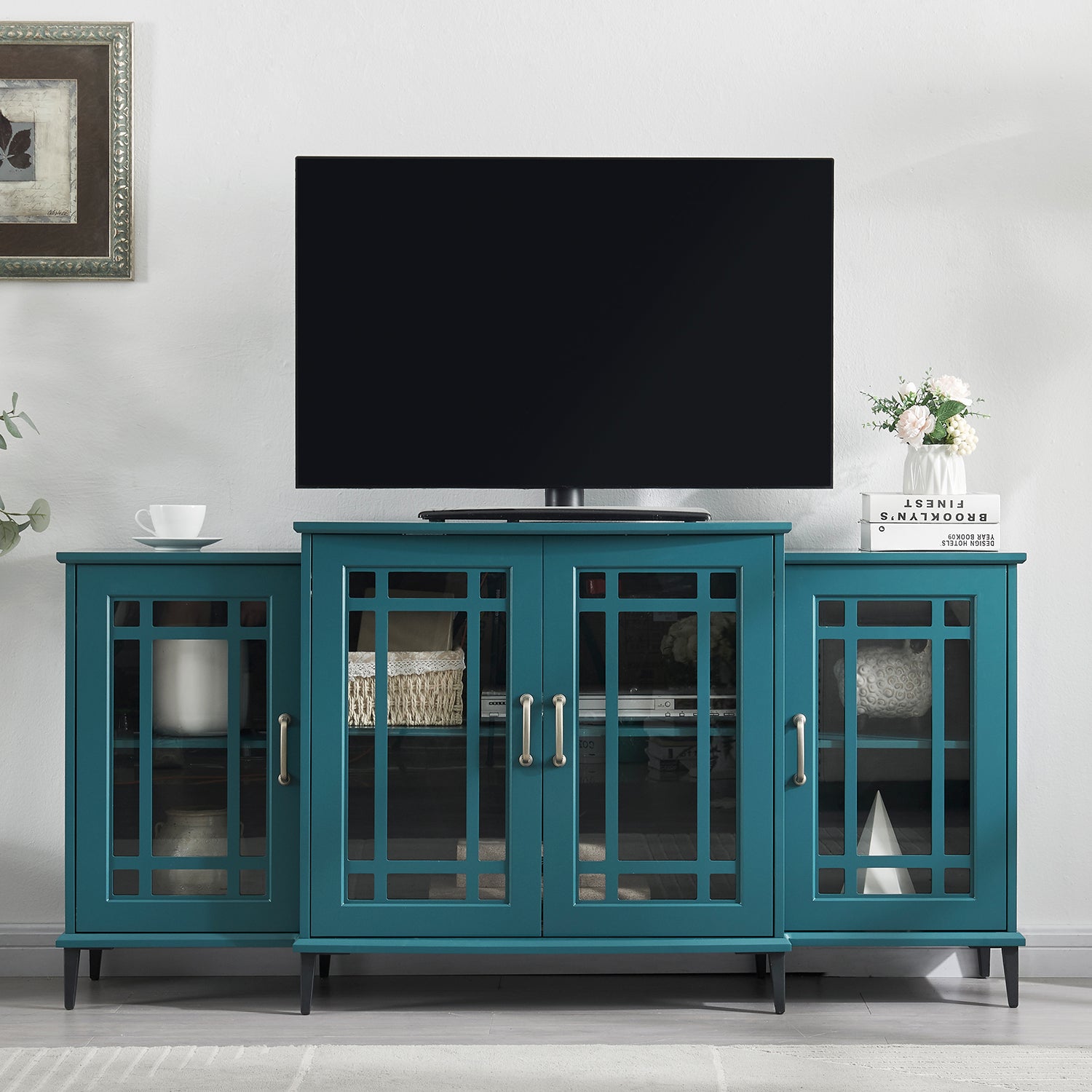 62" Tv Stand, Buffet Sideboard Cabinet, Teal Blue Teal Blue Primary Living Space 40 49 Inches Mdf Glass