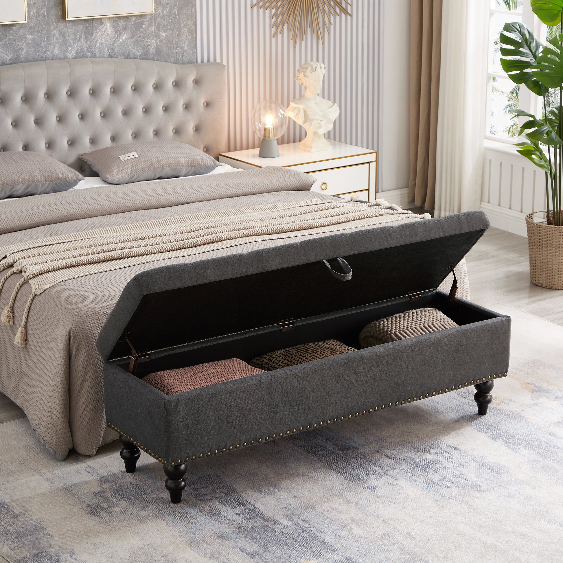 59" Bed Bench With Storage Grey Fabric Grey Foam Cotton Linen