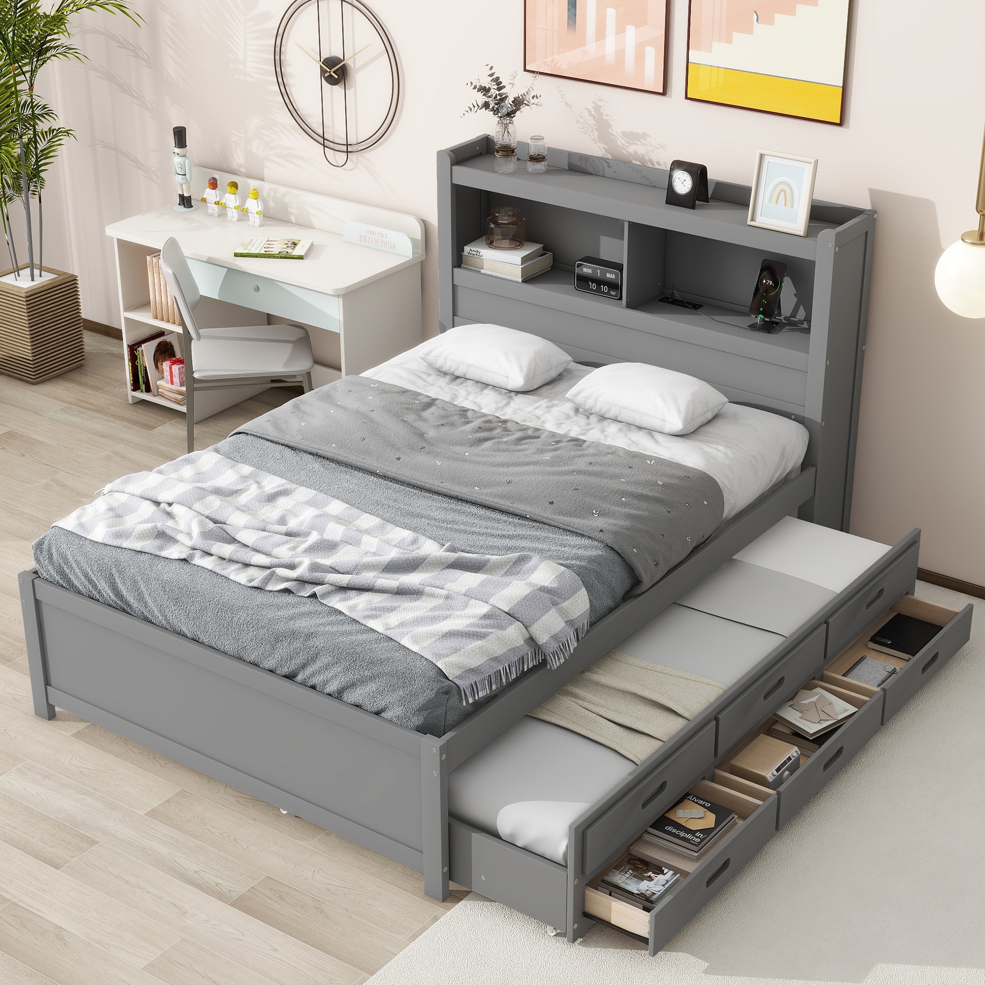 Full Size Platform Bed With Trundle, Drawers And Usb Plugs, Gray Full Gray Pine