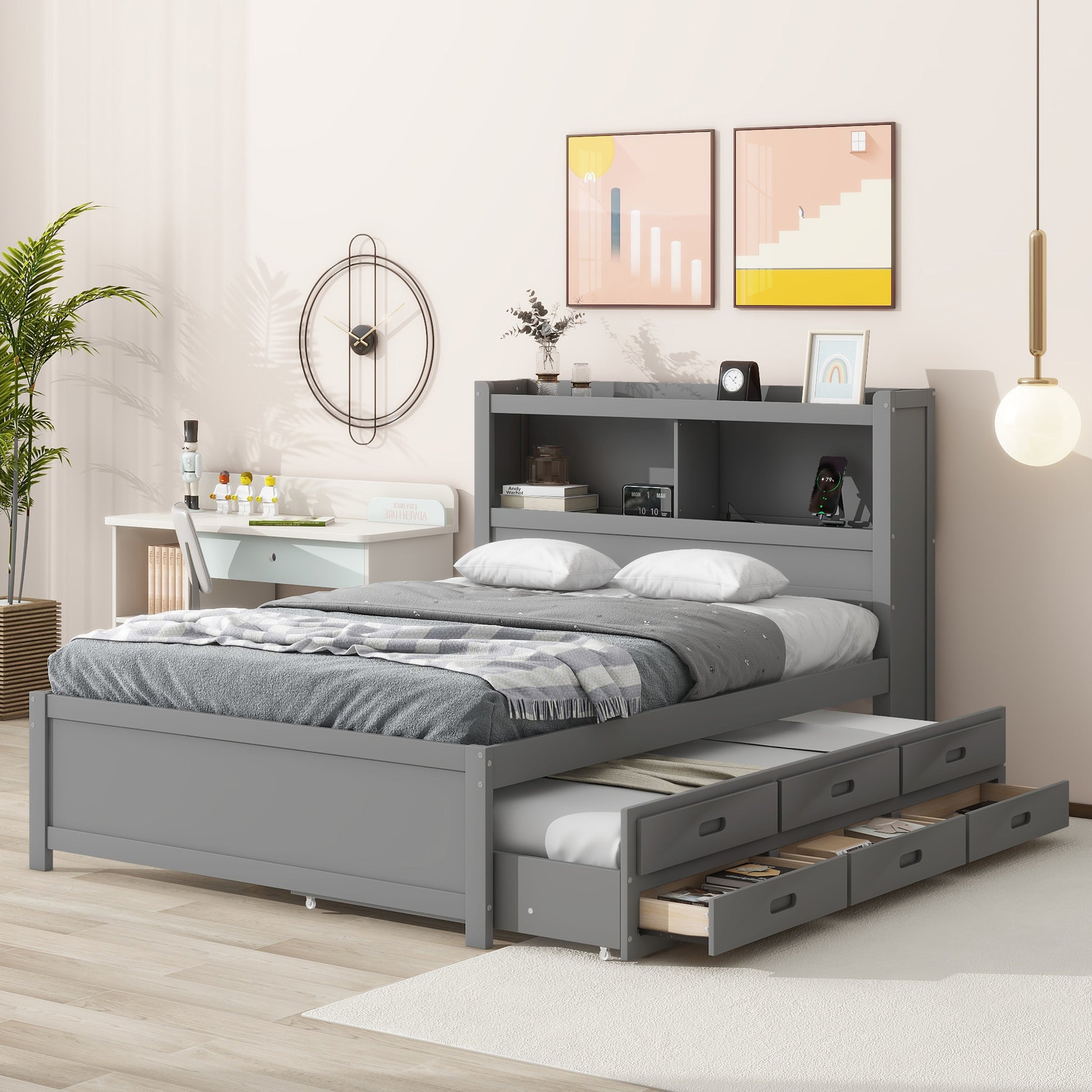 Full Size Platform Bed With Trundle, Drawers And Usb Plugs, Gray Full Gray Pine