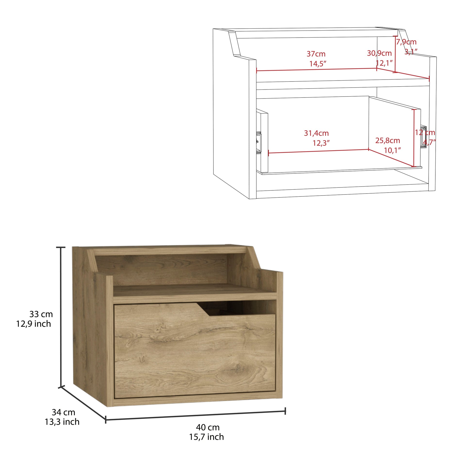 Busan Modern Floating Nightstandend Table, Side Table Single Drawer Design With Sleek Two Tiered Top Shelf Surfaces Beige Particle Board Particle Board