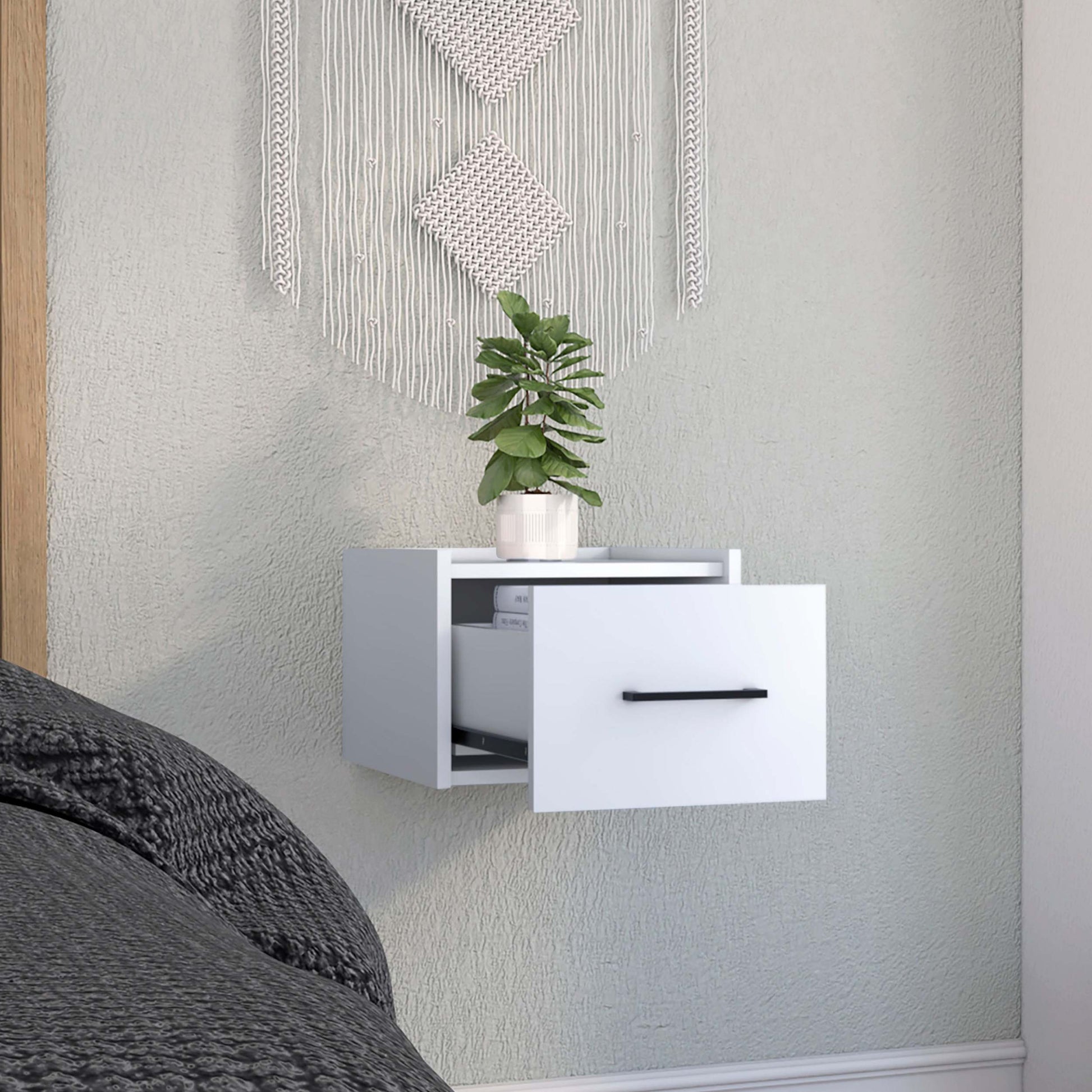 Boa Floating Nightstandend Table, Side Table Wall Mounted Single Drawer Design With Handle White Bedroom White Particle Board Particle Board