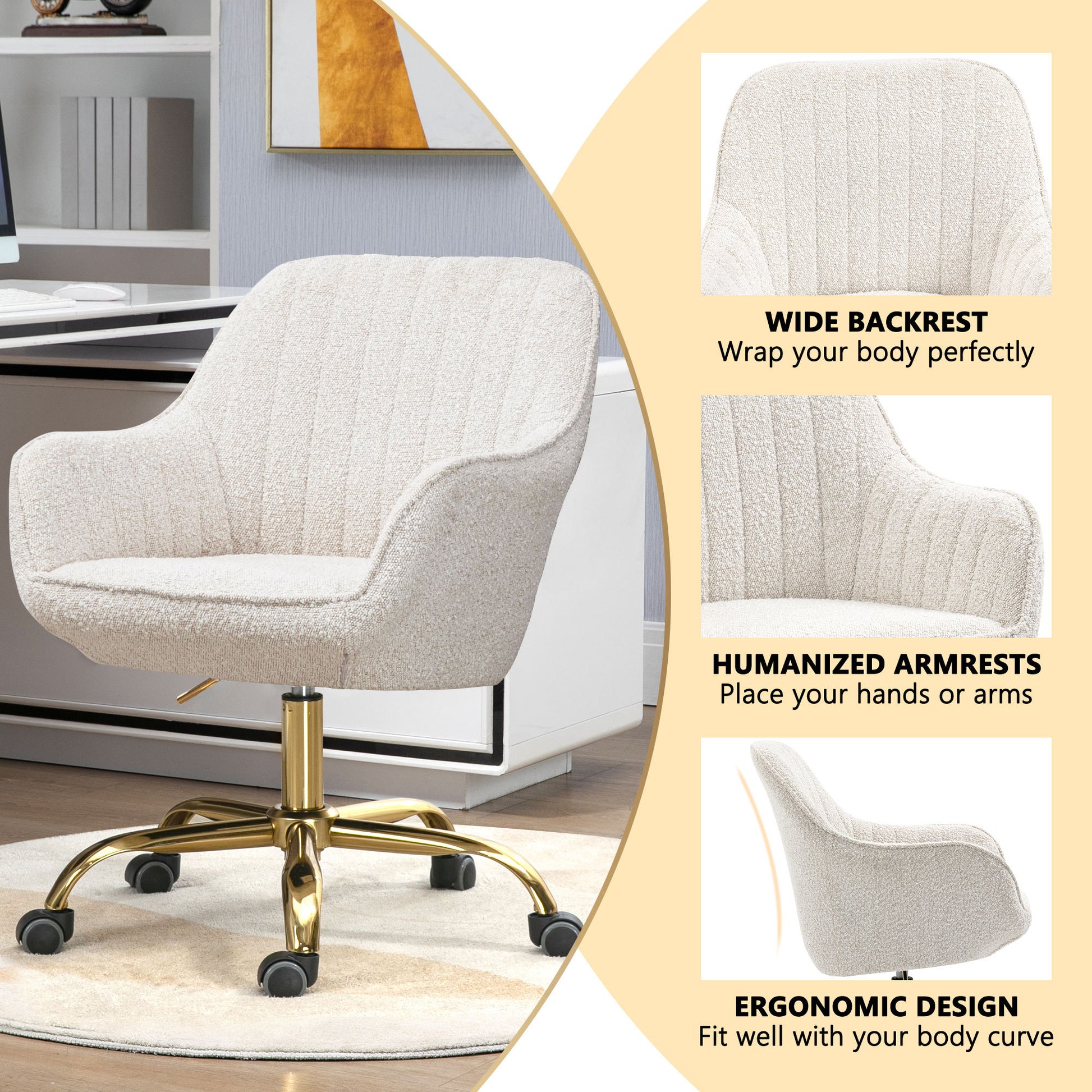 360 Beige Boucle Fabric Swivel Chair With High Back, Adjustable Working Chair With Golden Color Base Beige Velvet